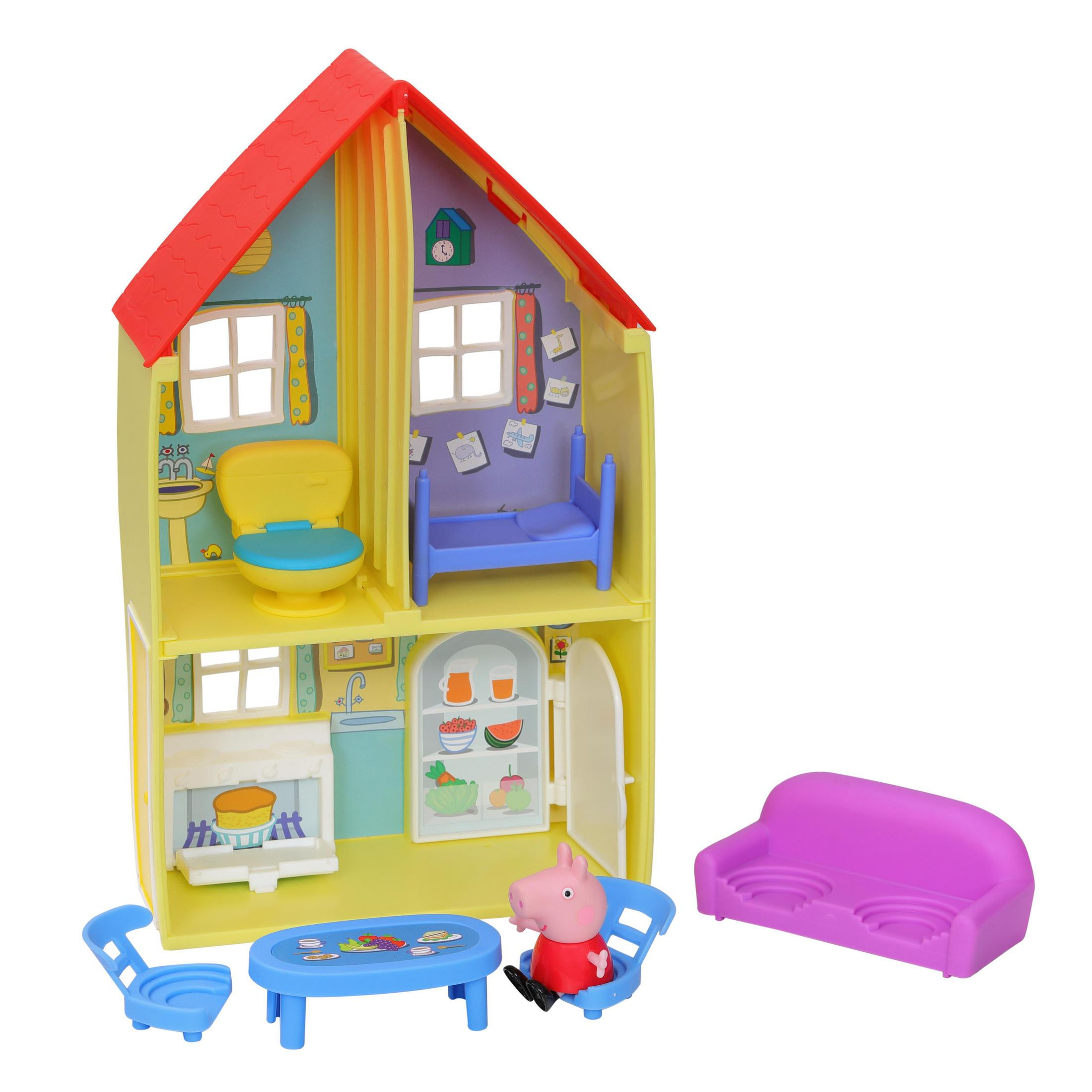 Set de juego de la casa de Peppa Pig. Casa amarilla, techo rojo, con muebles y figura de Peppa Pig.
