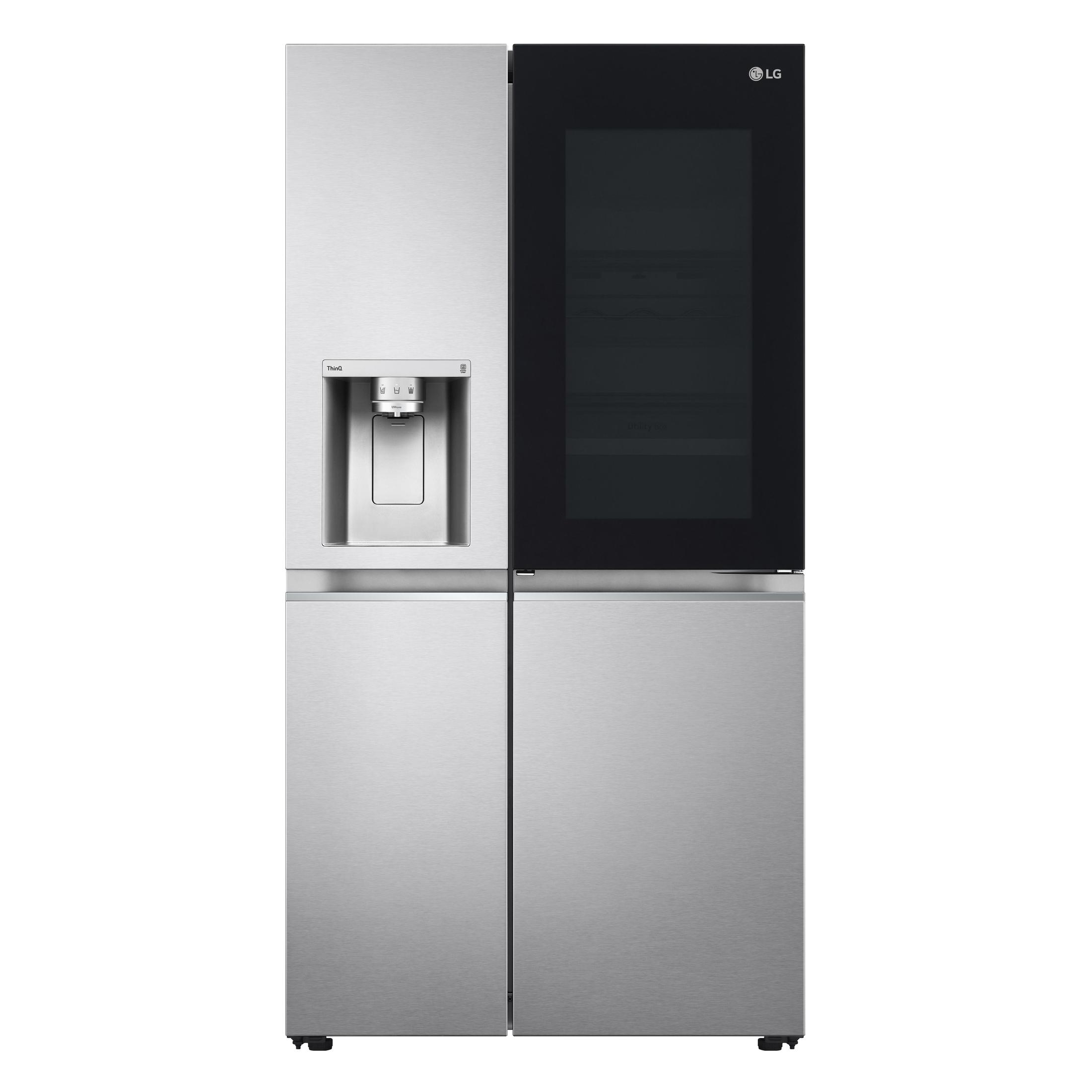 Edelstahl LG Kühlschrank mit dunkler Glastür und Wasserspender.