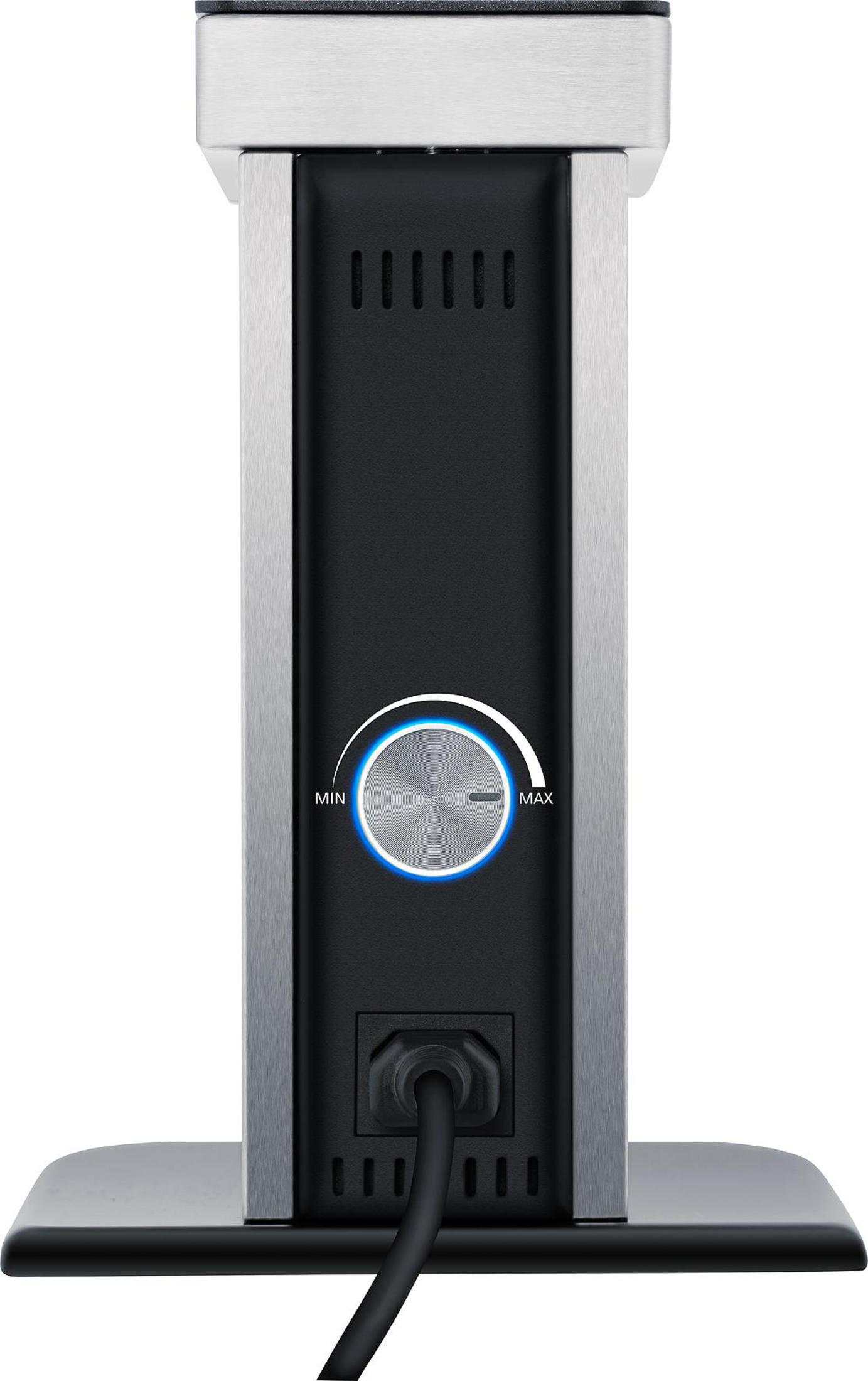 Eine silber-schwarze Steckdosenleiste mit einem Drehregler von min bis max und einem Netzkabel.
