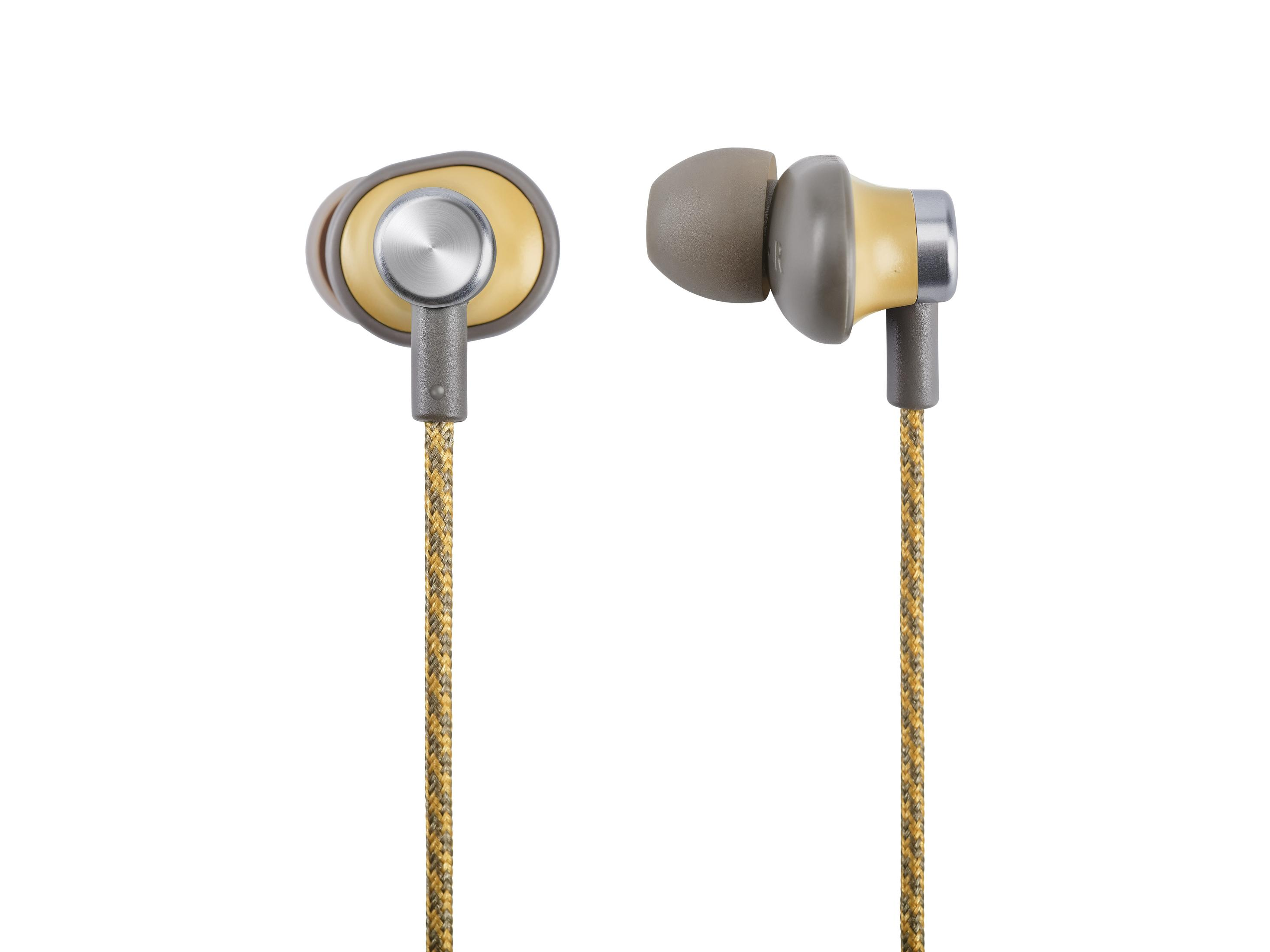Dos auriculares beige y grises. El cable es dorado. El fondo es blanco.