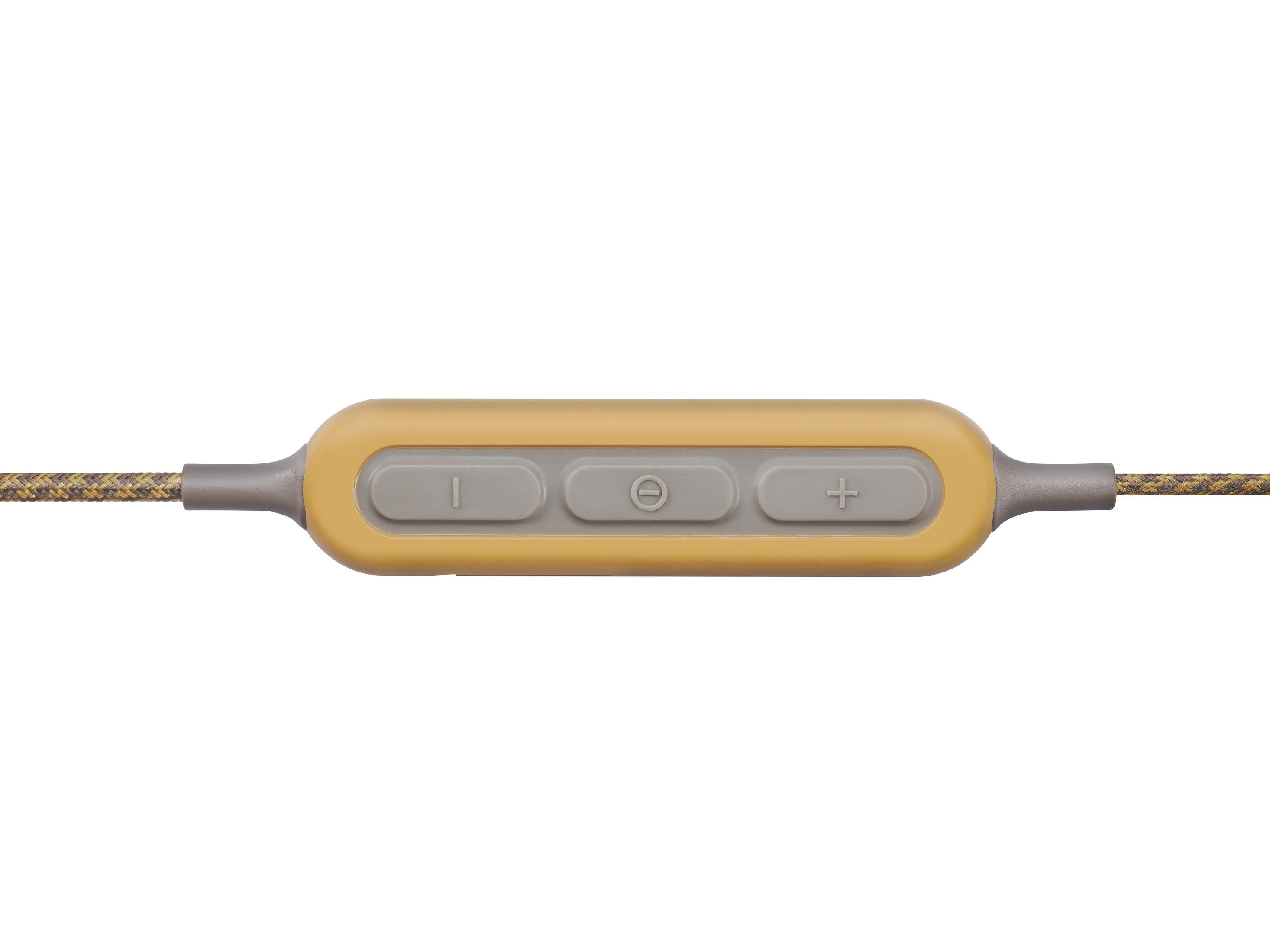Control de cable de auriculares con tres botones: bajar volumen, reproducir/pausa, subir volumen.