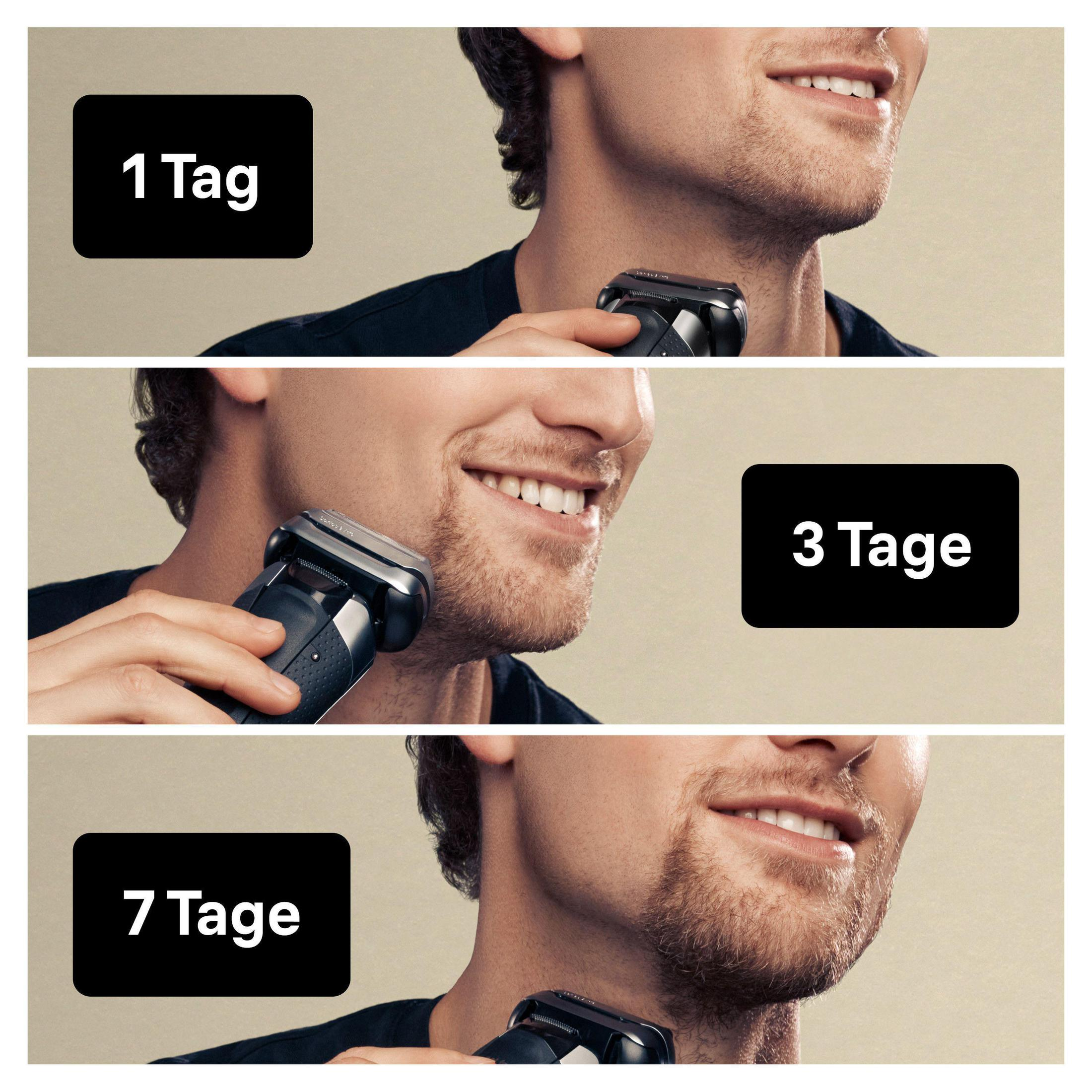 Mężczyzna golący twarz przez 1, 3 i 7 dni, pokazujący wzrost zarostu golarką.