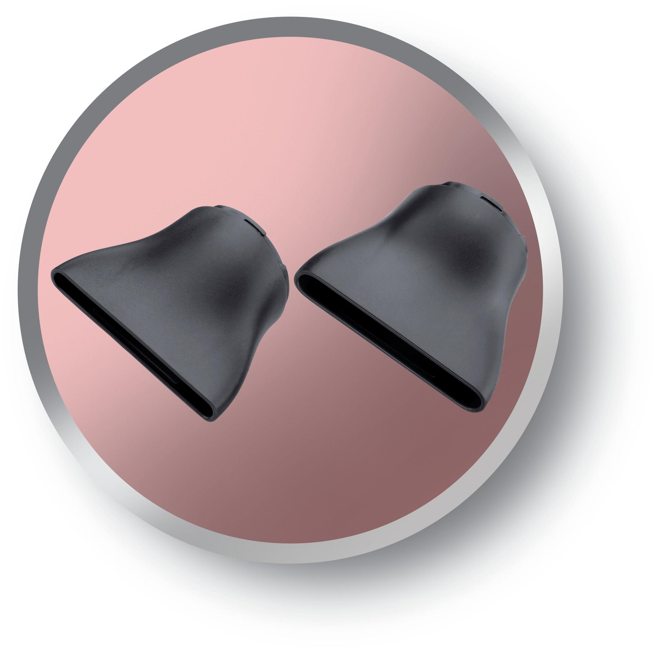 Zwei schwarze Föhndüsen in einem rosa Kreis mit weißem Schatten und Hintergrund.