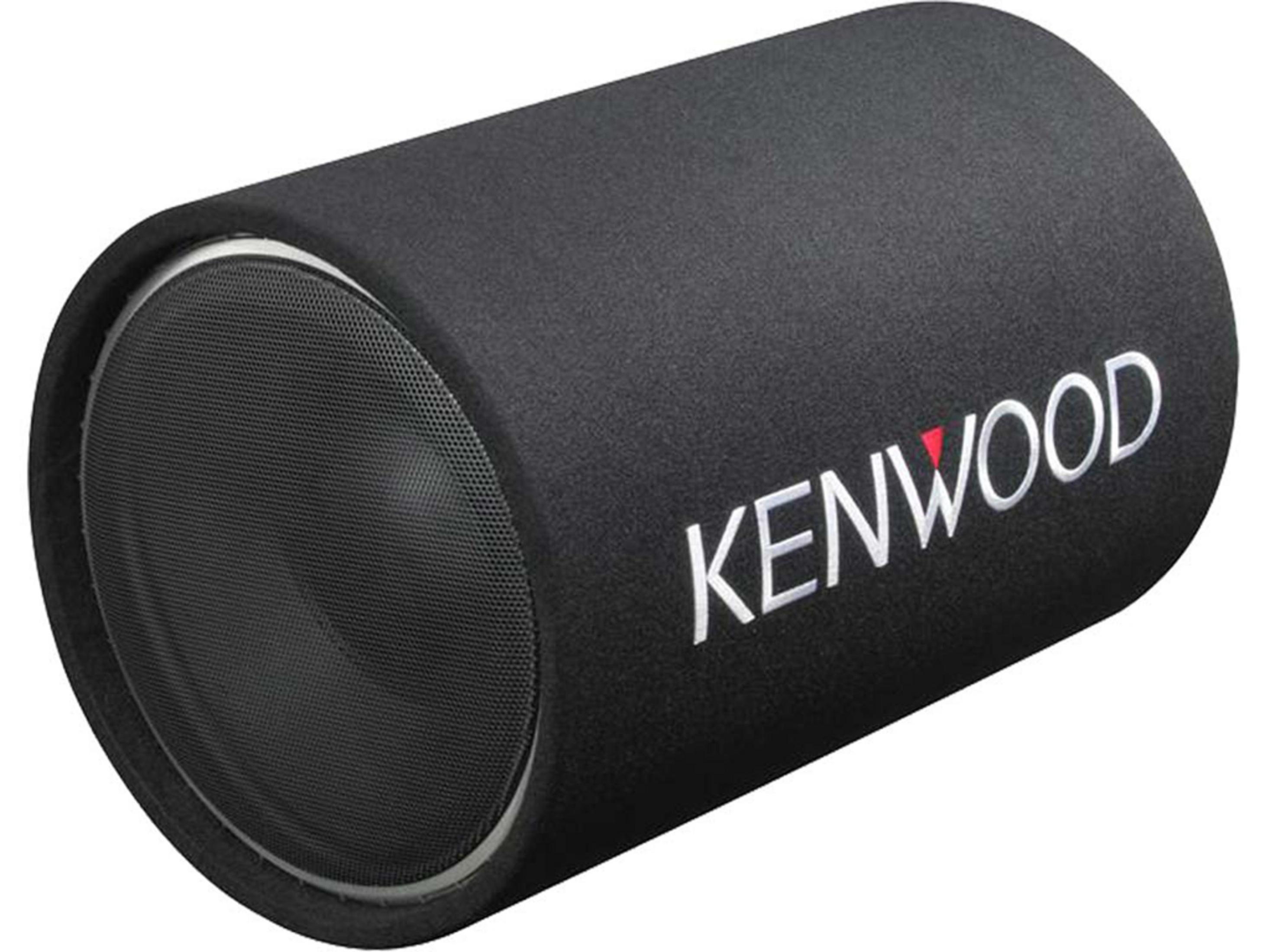 Schwarzer zylindrischer Subwoofer-Lautsprecher mit KENWOOD in weißer Schrift.
