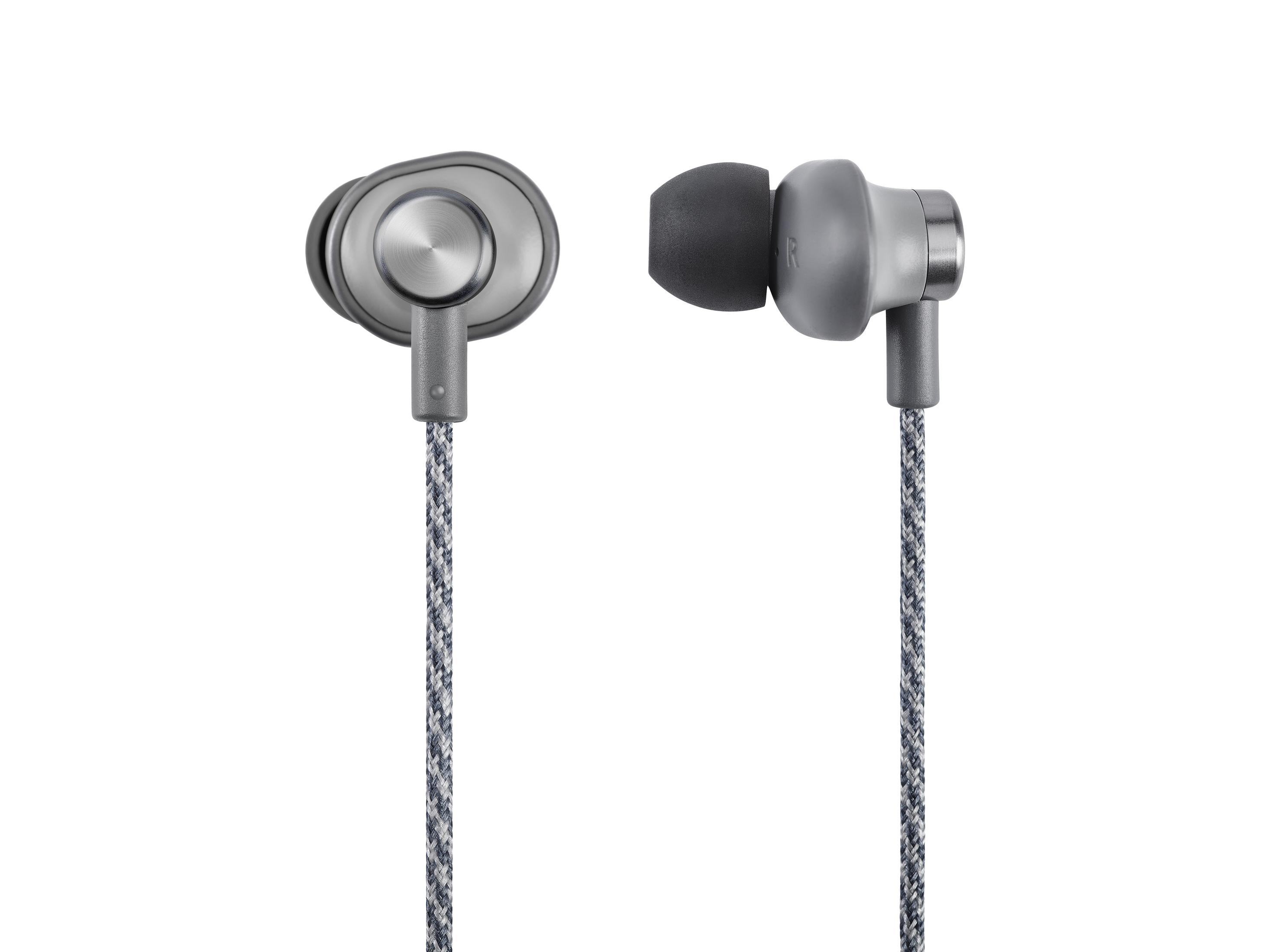 Dos auriculares intrauditivos plateados y grises con cable gris.