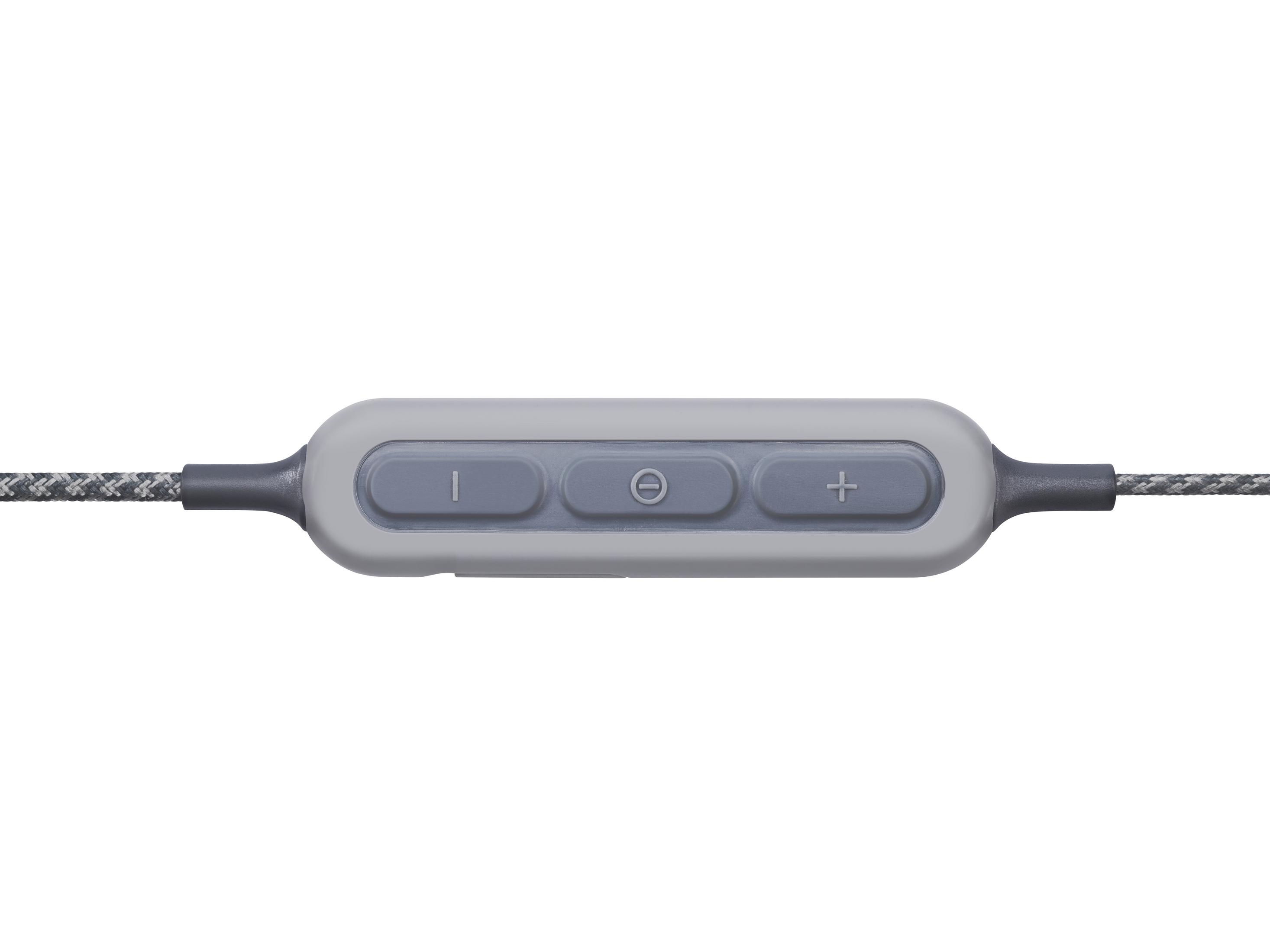 Panel de control gris con tres botones: una línea, un círculo con guion y un signo más.