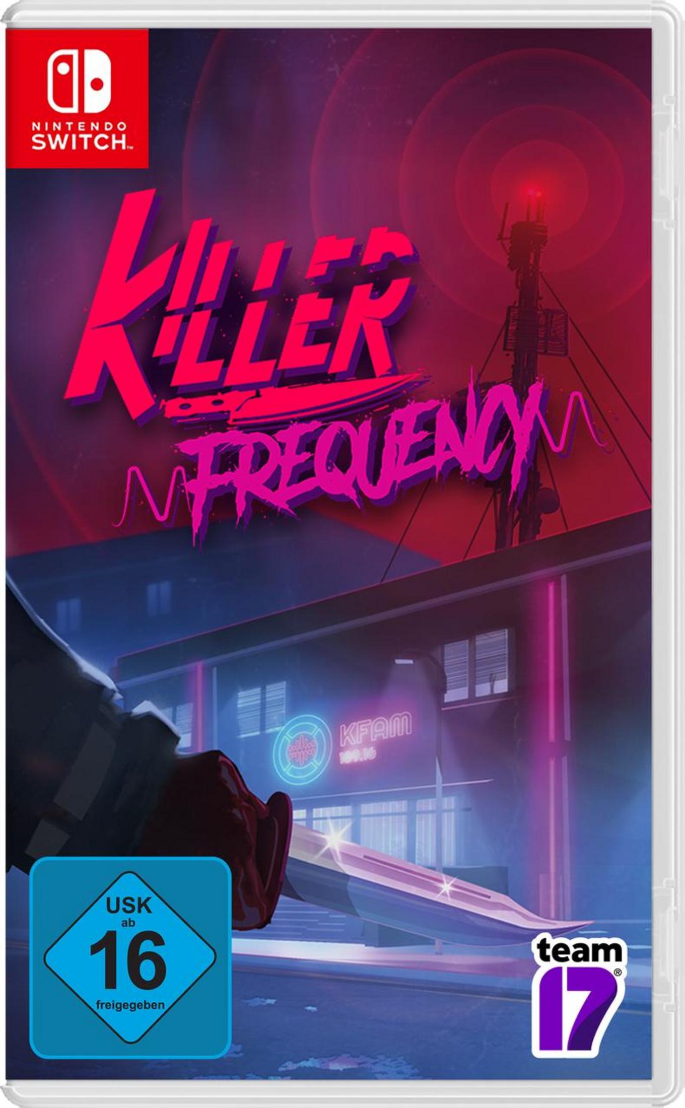 Killer Frequency Nintendo Switch Spielcover. Zeigt einen Radioturm und ein Messer.