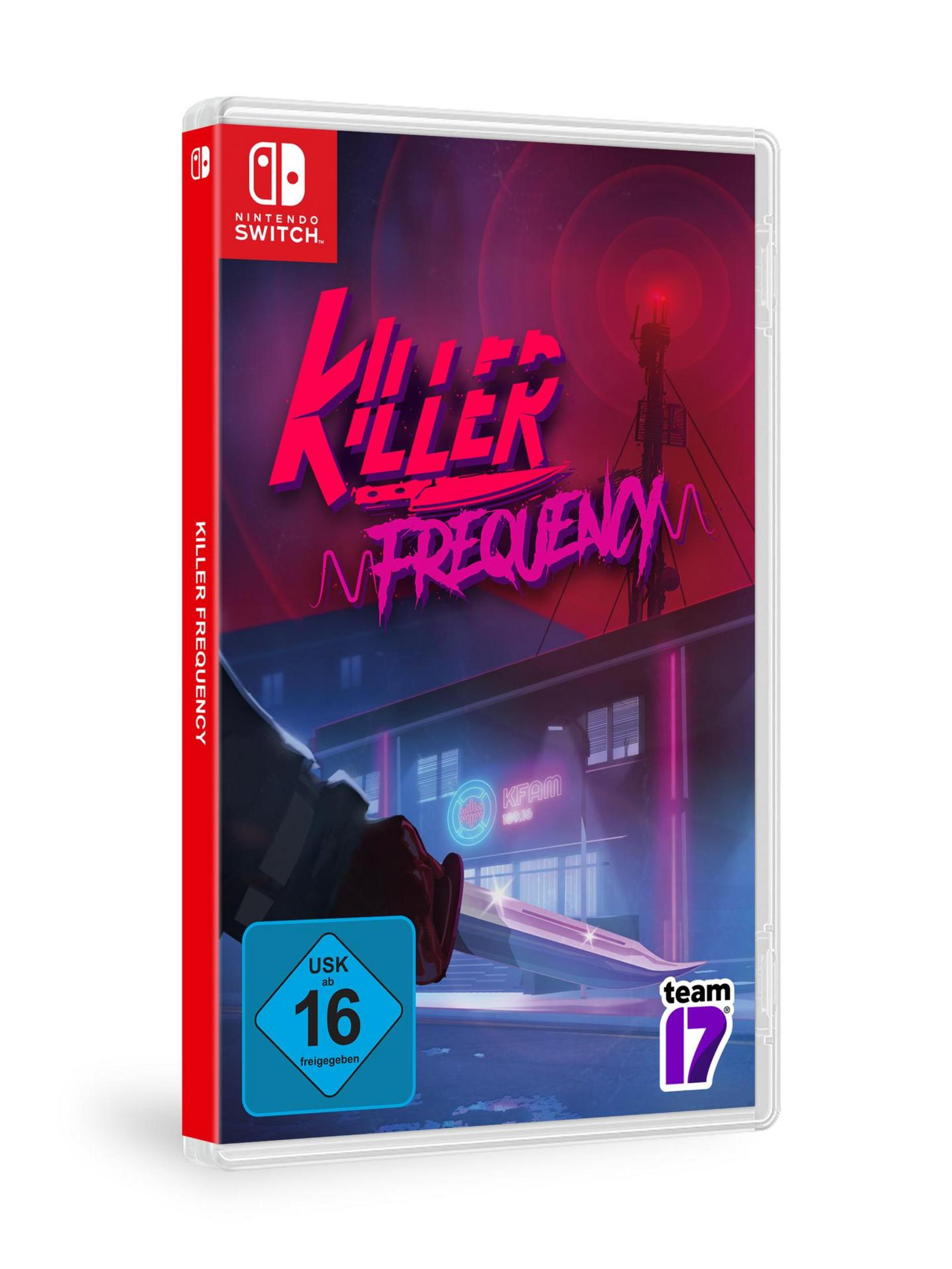 Spielhülle für 'Killer Frequency' für Nintendo Switch. Das Cover zeigt eine Stadtszene mit einem Radioturm.