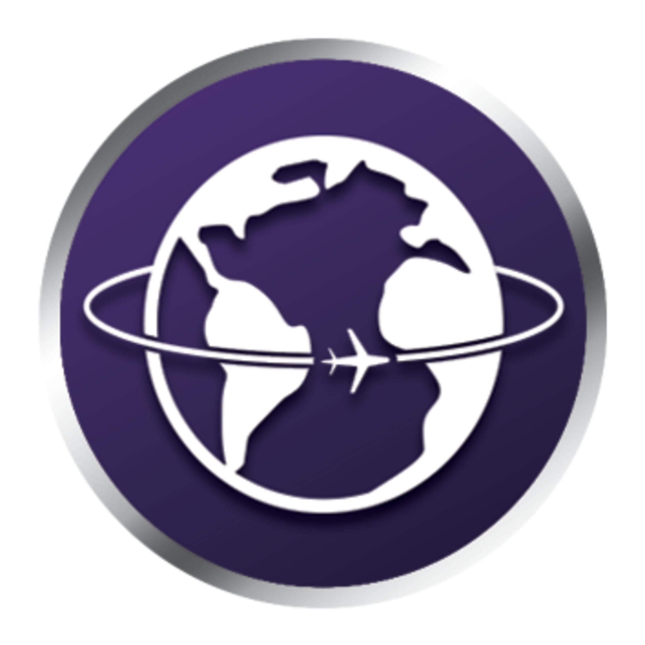 Logo globusa z krążącym samolotem. Globus jest biały, z fioletowym tłem i srebrną obwódką.