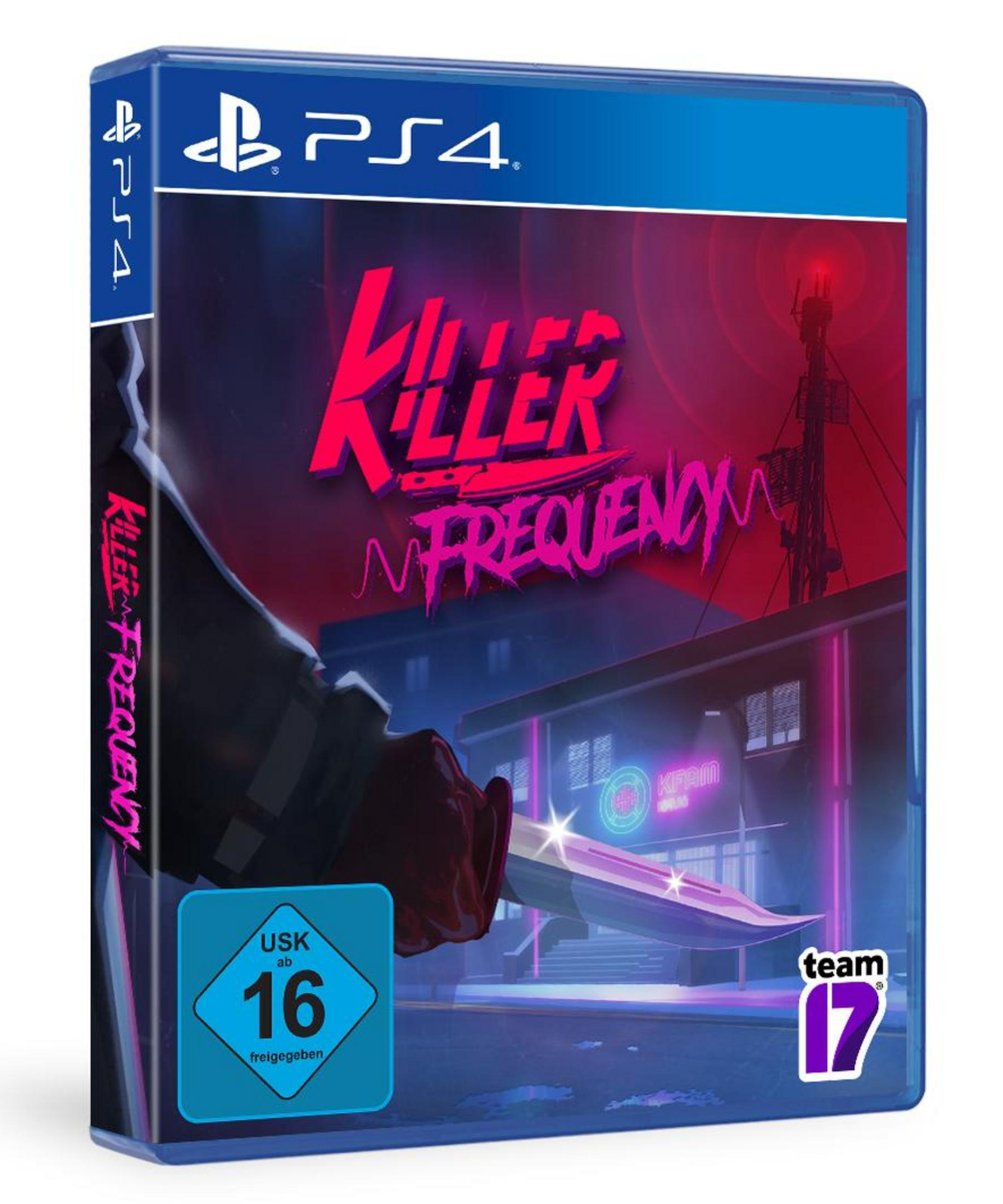PS4-Spielbox mit dem Titel 'Killer Frequency' mit Neon-Design und einer Person, die ein Messer hält.