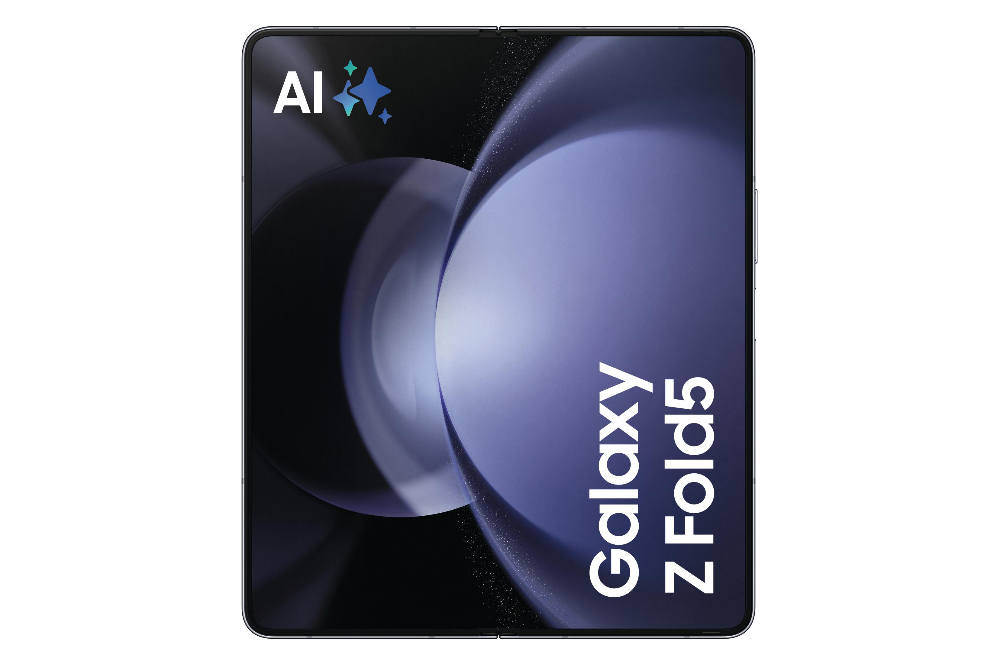 Składany telefon z AI. Telefon jest otwarty, pokazując ekran. Tekst to Galaxy Z Fold5.