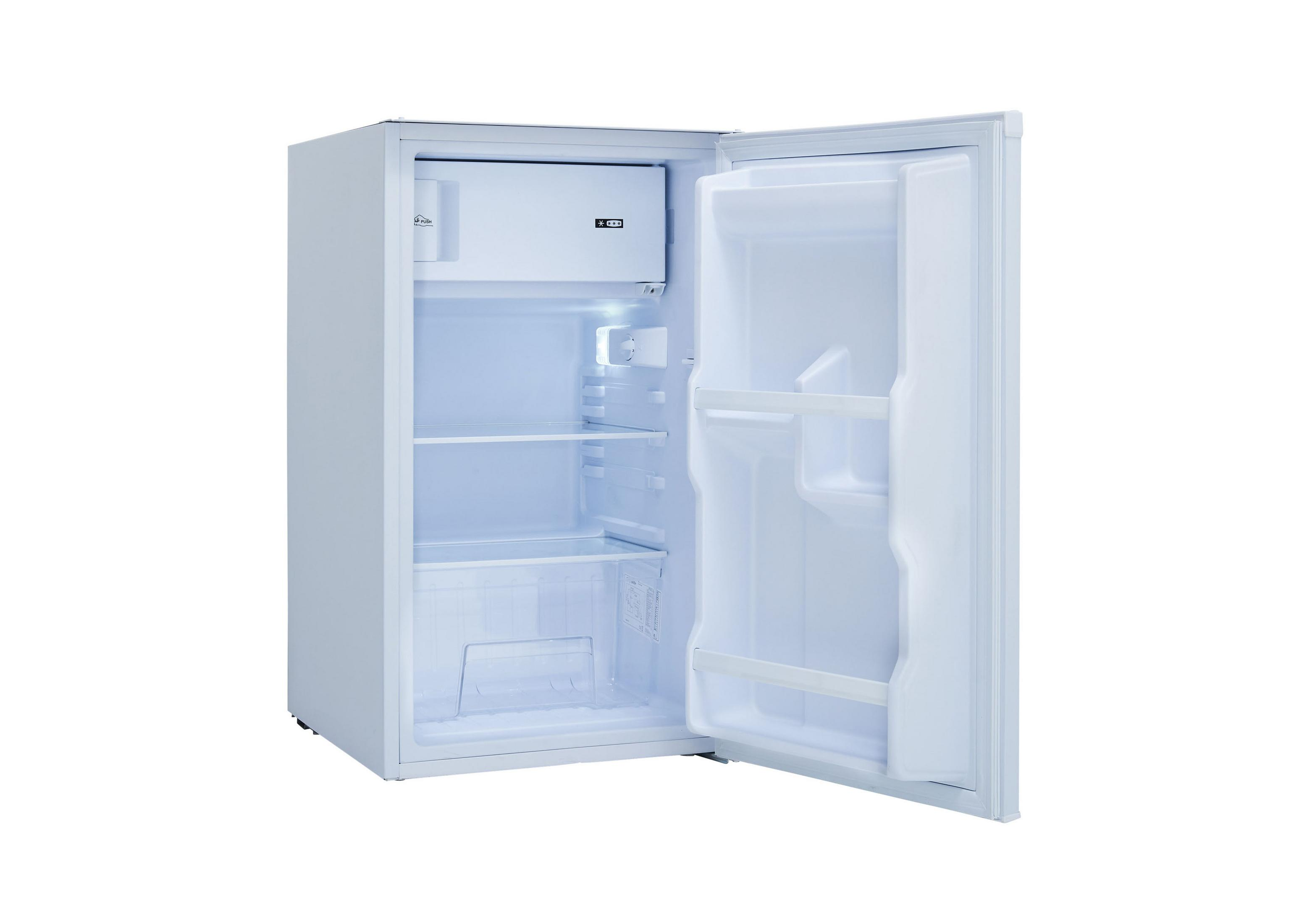 Weißer Kühlschrank mit offener Tür. Weißer Hintergrund.