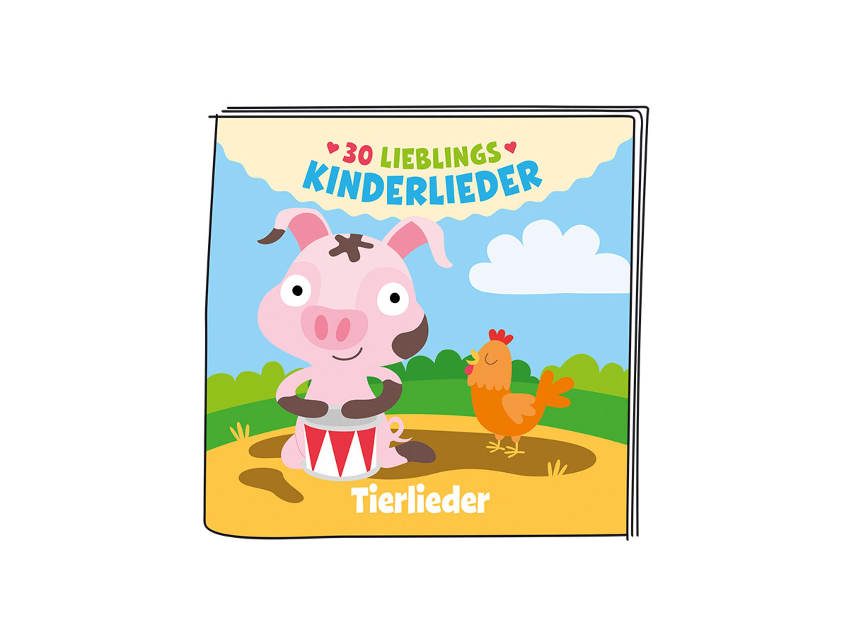 Kinderbuchcover: Schwein spielt Schlagzeug, Huhn und Text '30 Lieblings Kinderlieder'.