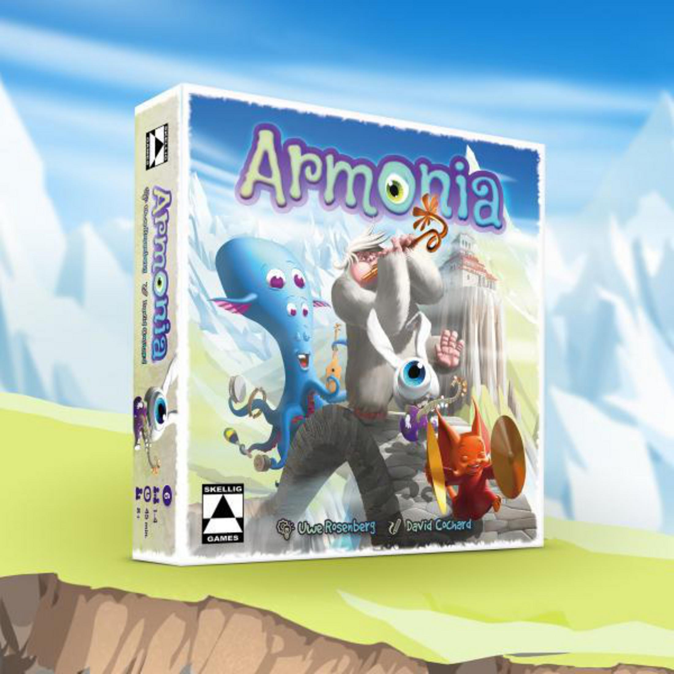Armonia Brettspielbox mit Zeichentrickfiguren und Bergkulisse.