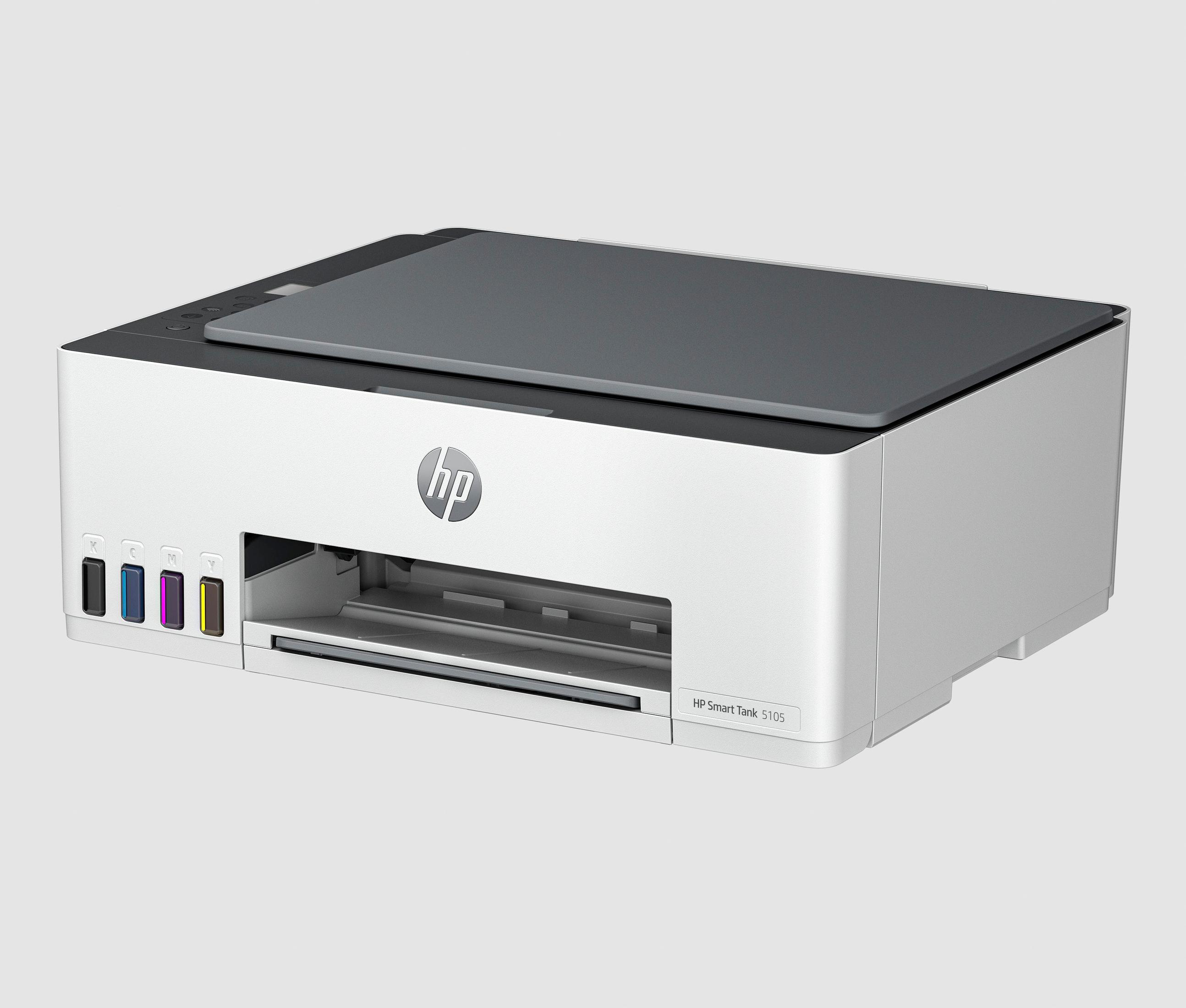 Weißer und grauer HP-Drucker mit Tintenpatronen auf grauem Hintergrund.