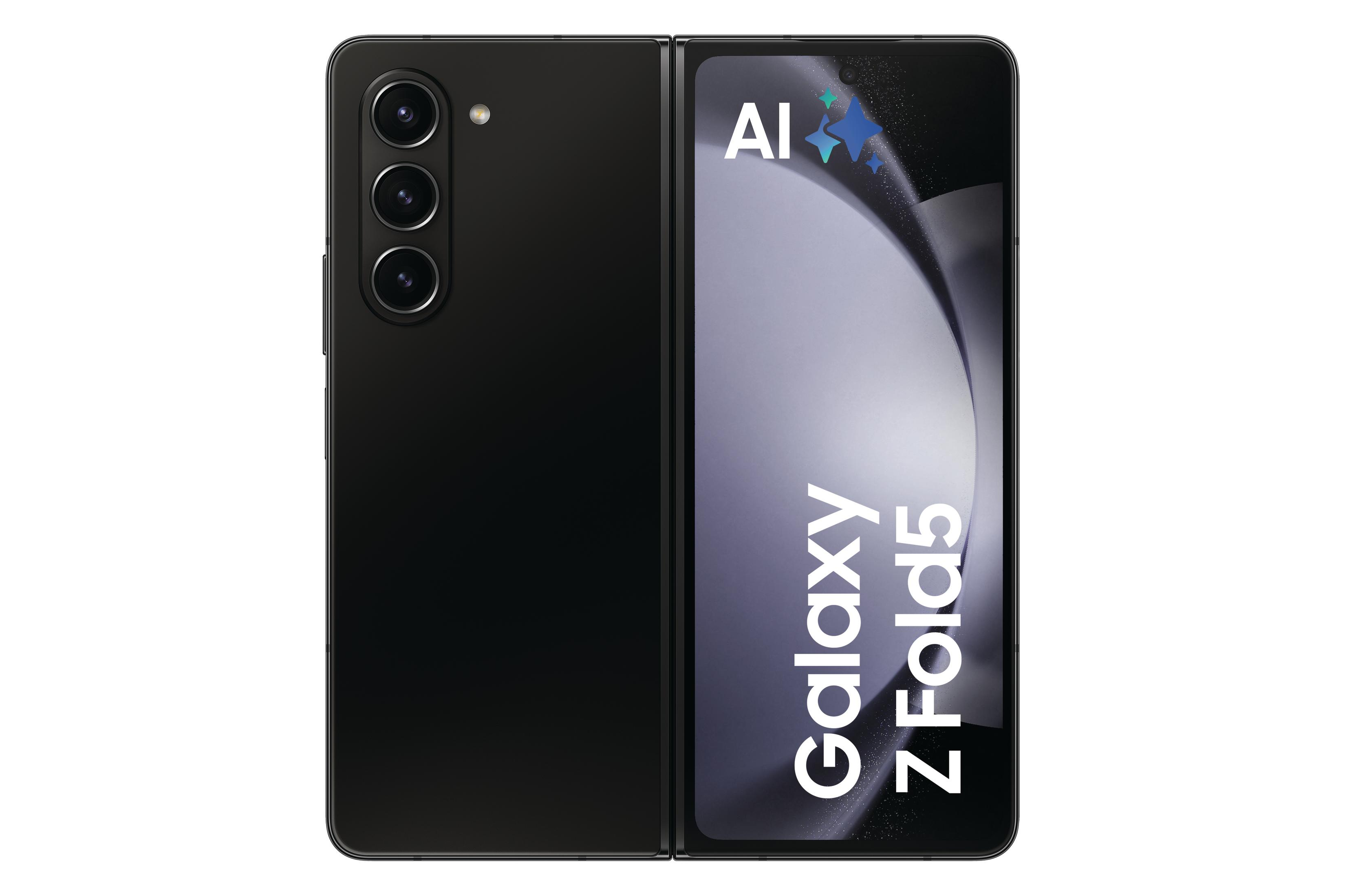 Czarny składany telefon z interfejsem AI i tekstem Galaxy Z Fold5 na ekranie.
