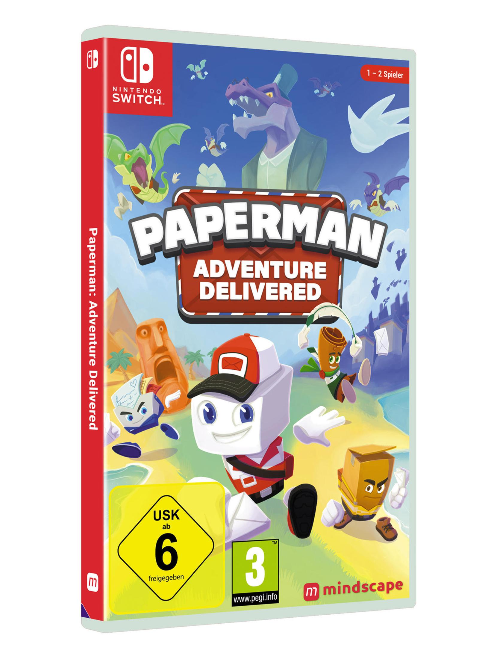 Nintendo Switch-Spielbox. Steht PaperMan: Adventure Delivered drauf. Zeigt Spielfiguren und Logo.