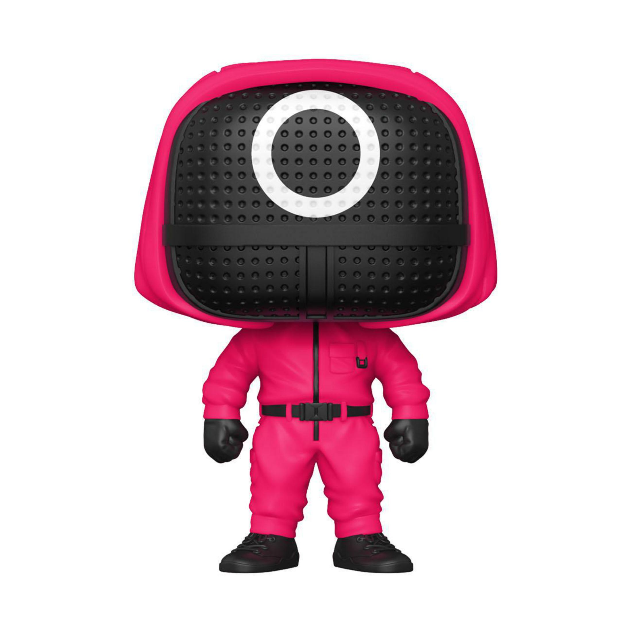 Squid Game Wächter Funko Pop Figur, rosa Overall, schwarze Maske mit Kreis, schwarze Schuhe.