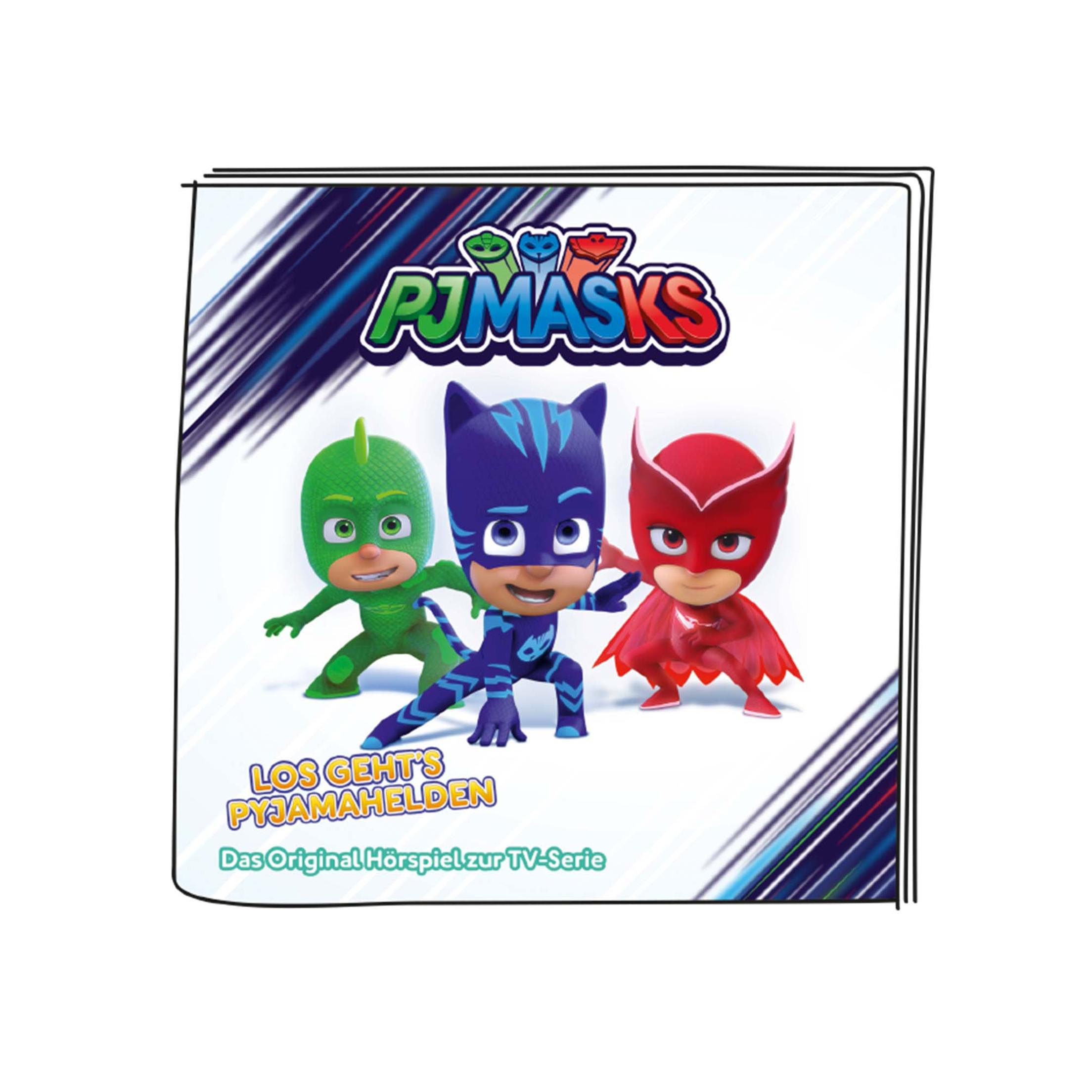 Cover eines Kinderbuchs mit drei Zeichentrickfiguren. Text auf Deutsch: 'PJ Masks'.