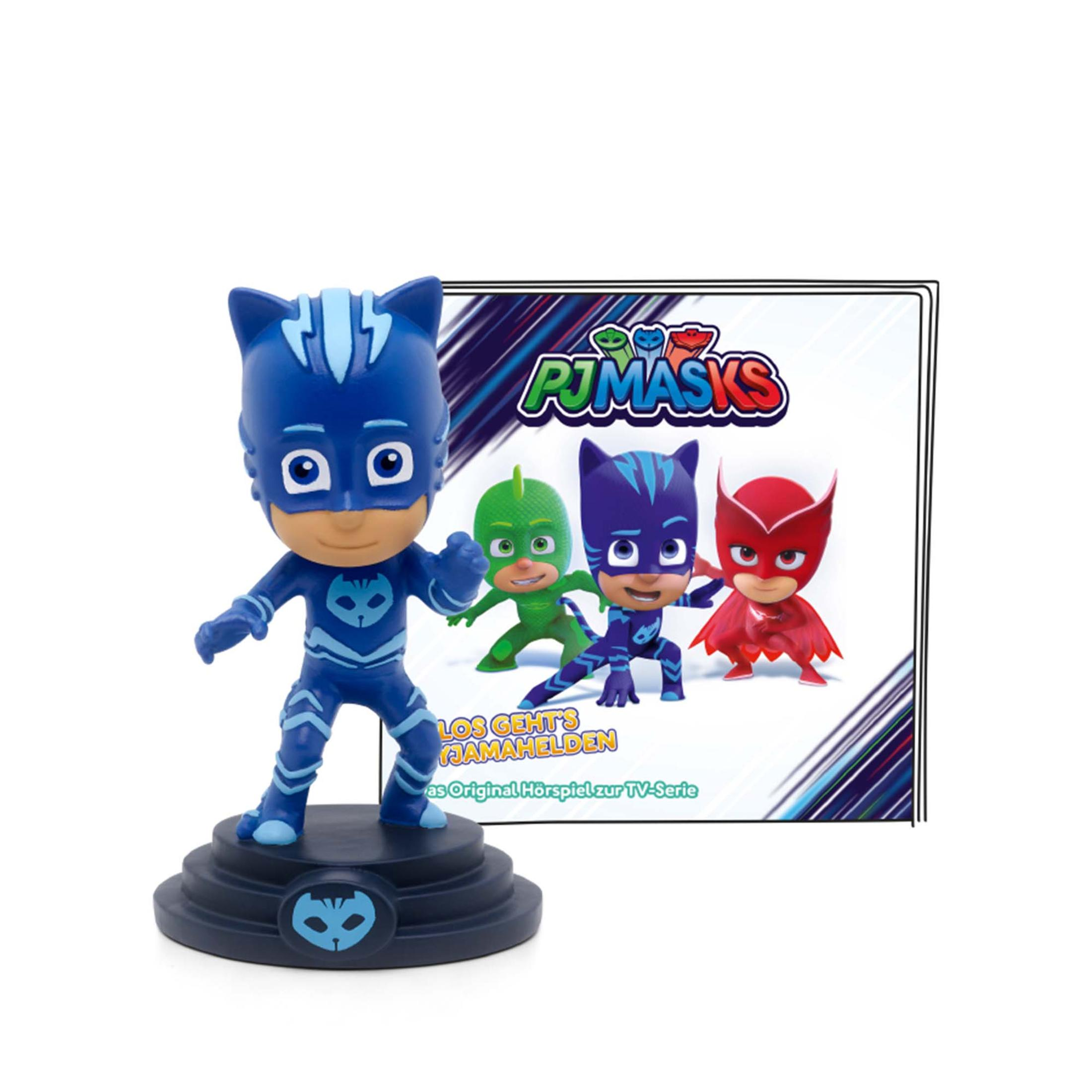 Eine PJ Masks-Spielzeugfigur mit drei weiteren Charakteren auf einer Karte.