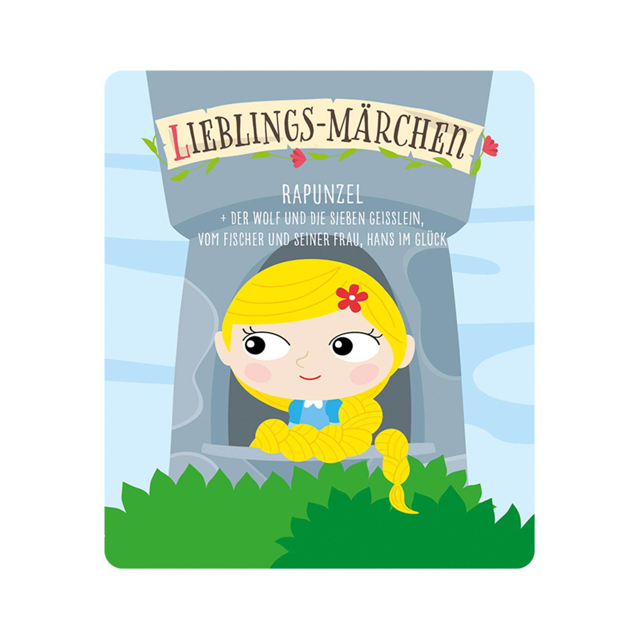 Ein Cartoon-Bild von Rapunzel mit ihren langen blonden Haaren auf einem Märchenbuchcover.