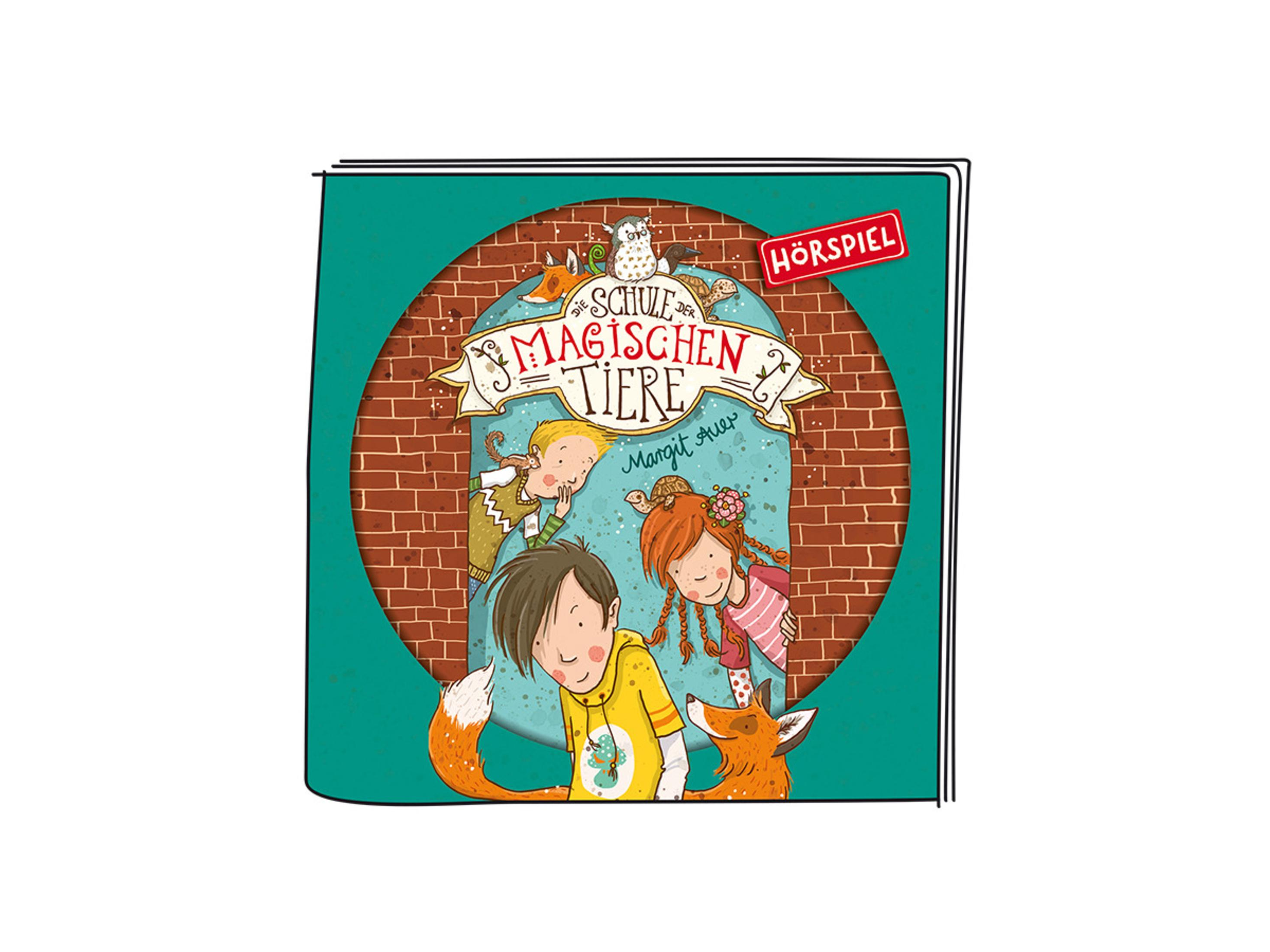 Ein Buchcover mit Cartoon-Kindern und einem Fuchs. Es steht "Schule der magischen Tiere".