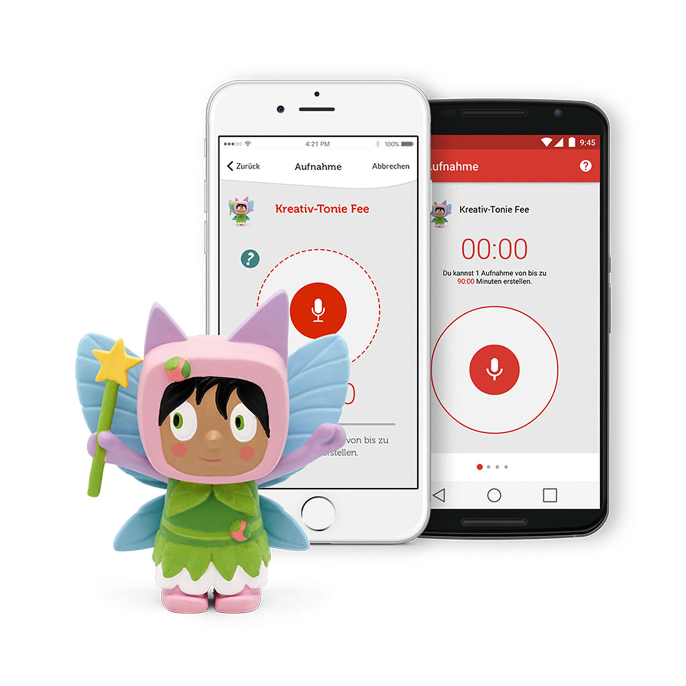 Zwei Smartphones mit einer Feenfigur, die einen Zauberstab hält, fokussiert auf Aufnahme.