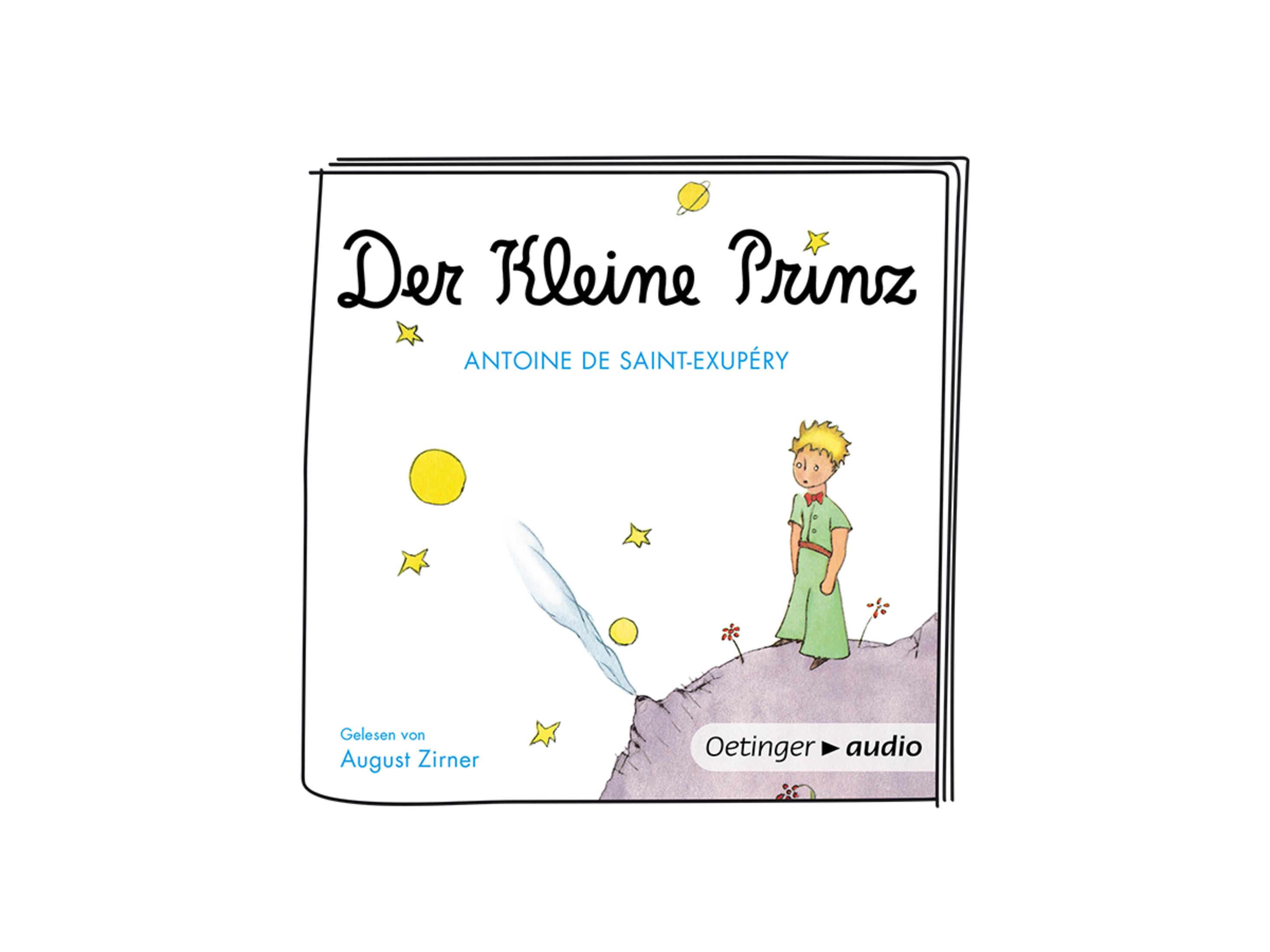 Buchcover von 'Der Kleine Prinz' mit Illustration des kleinen Prinzen auf einem Planeten und Sternen.