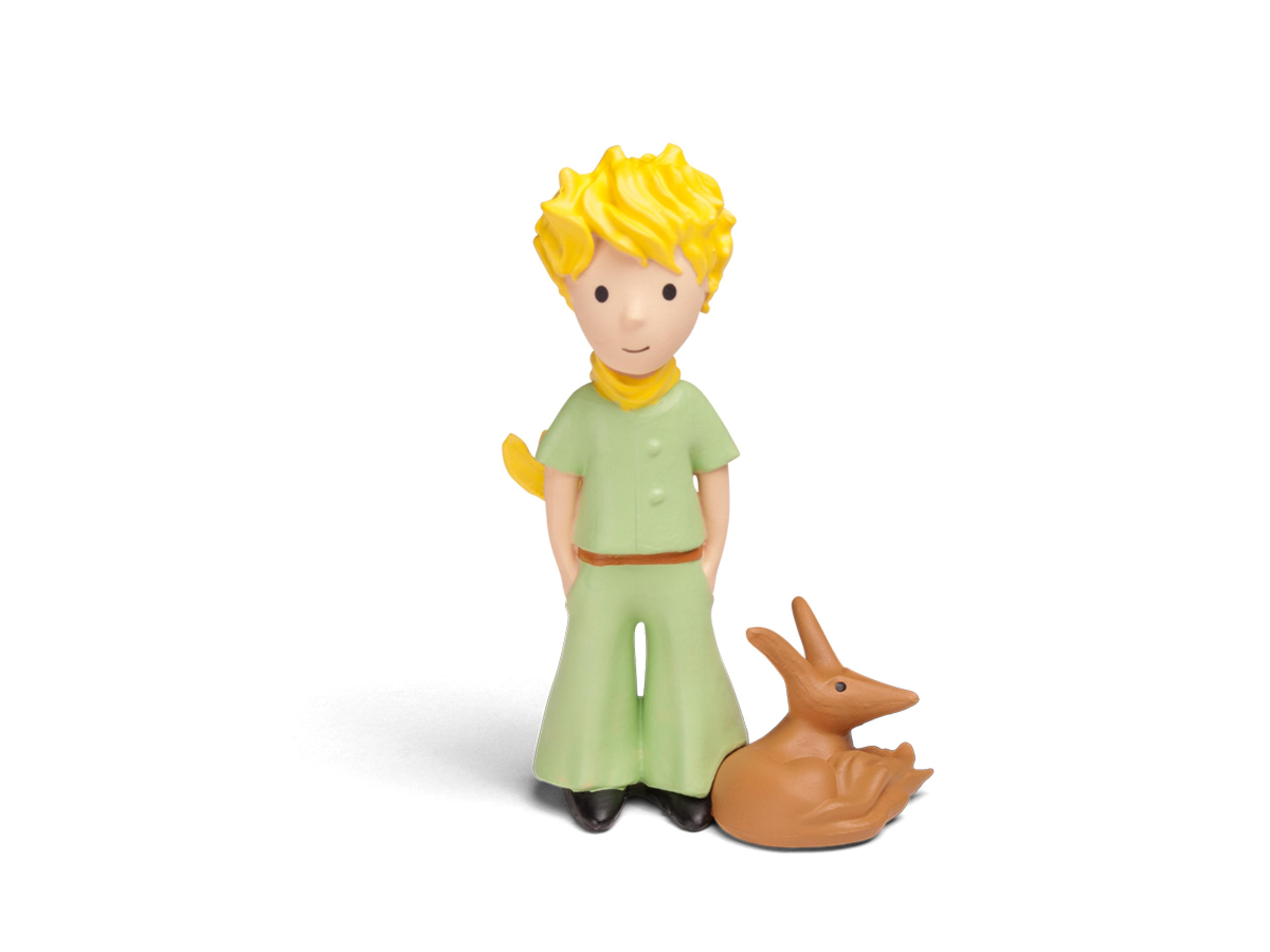 Eine Figur des kleinen Prinzen mit gelbem Schal und einem braunen Fuchs. Weißer Hintergrund.