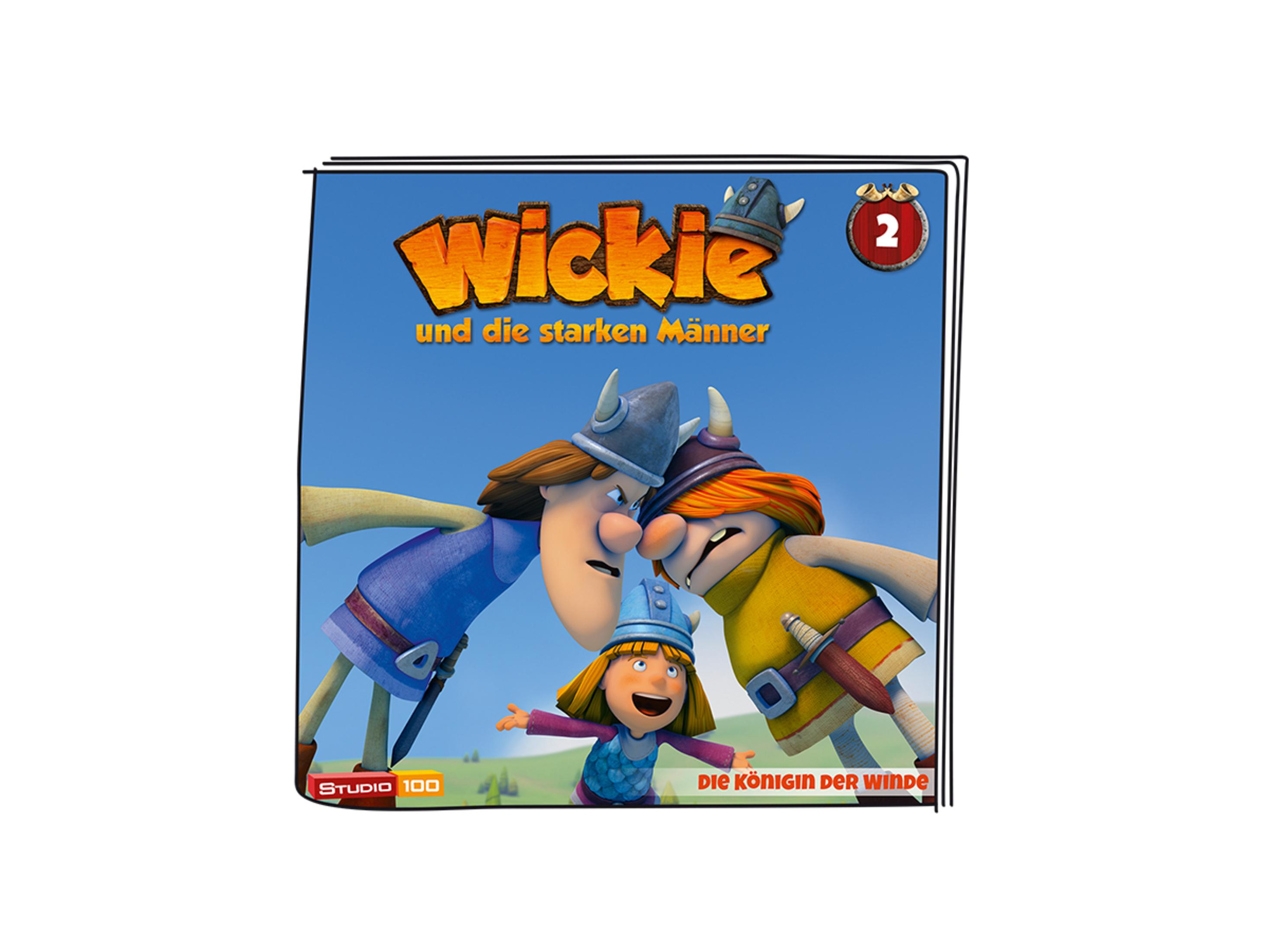 Ein Cartoon-Bild von Wickie und den starken Männern, mit blauem Himmel im Hintergrund.