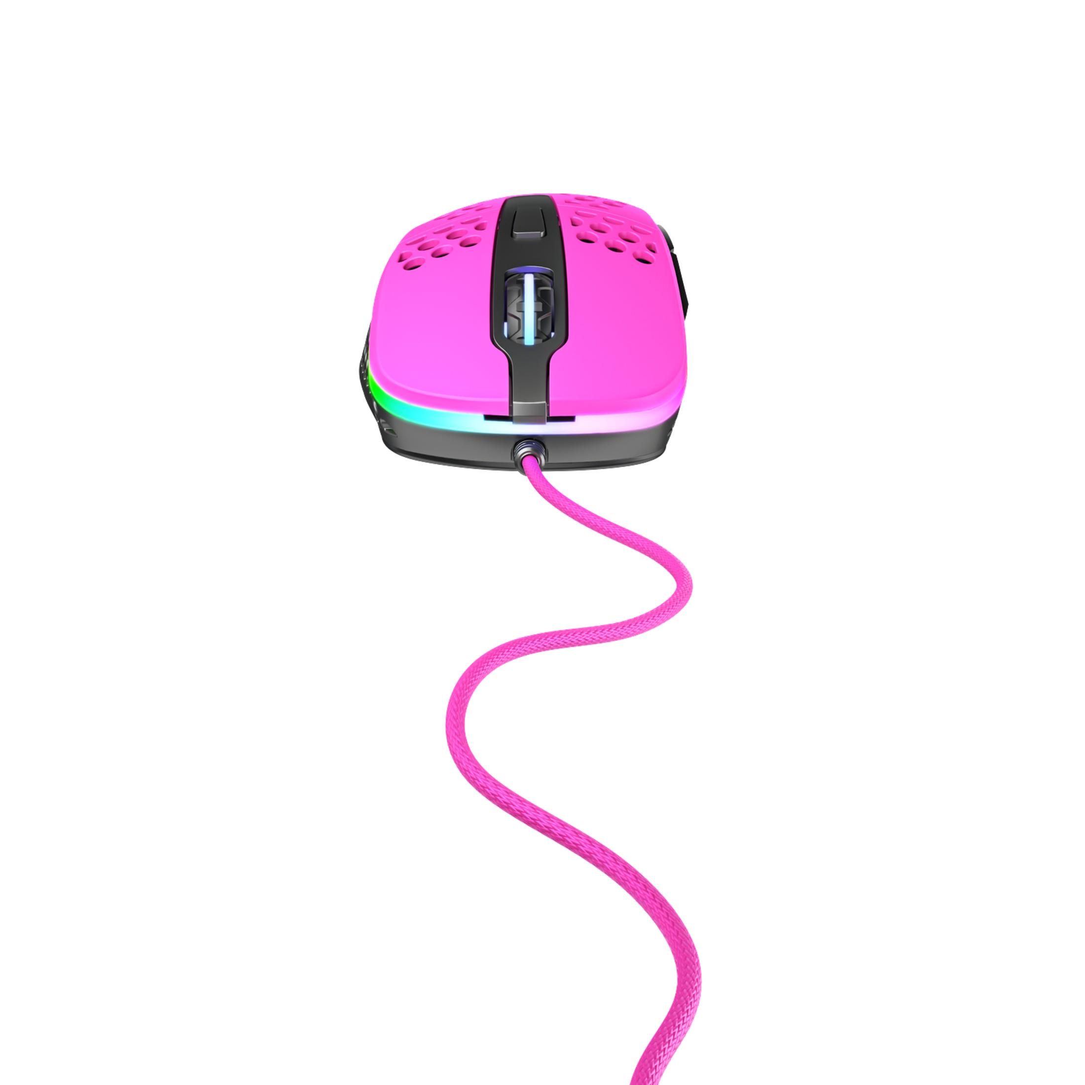 Pink gaming mouse with a pink cable, on a white background. The mouse has black accents and lights.