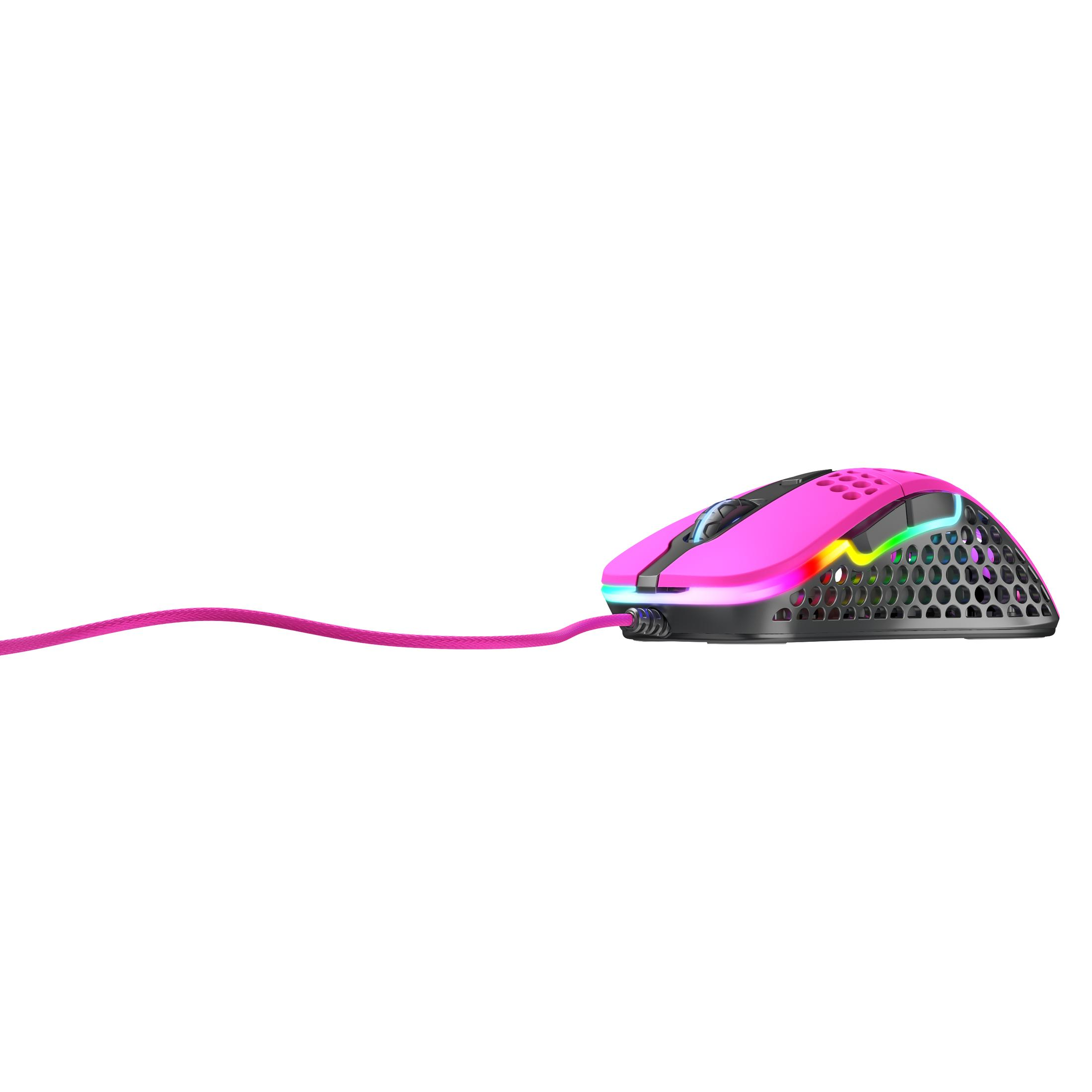 A pink gaming mouse with a honeycomb design and RGB lighting, with a pink cord extending to the left.