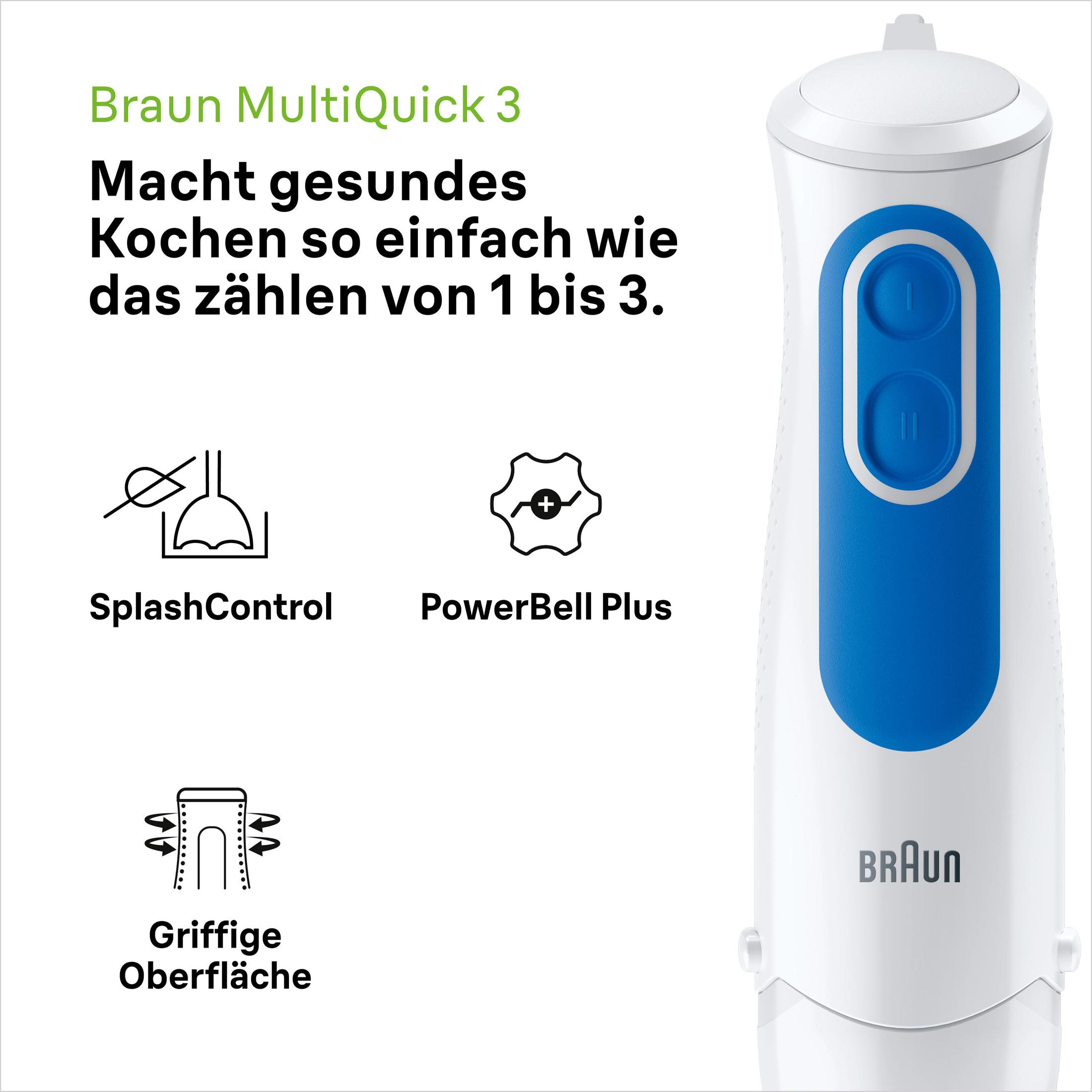 Weiß-blauer Stabmixer. Text, Symbole links; Braun-Logo.