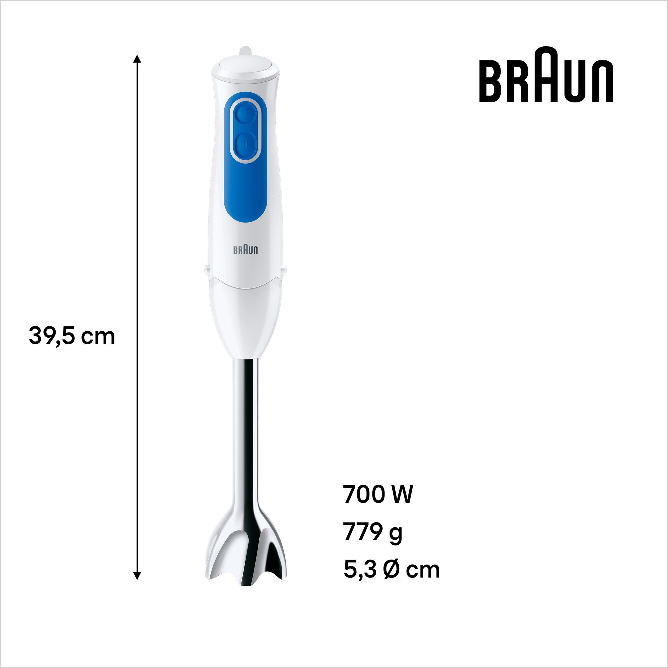 Weißer und blauer Braun-Handmixer mit Maßen daneben. Der Mixer befindet sich auf weißem Hintergrund.