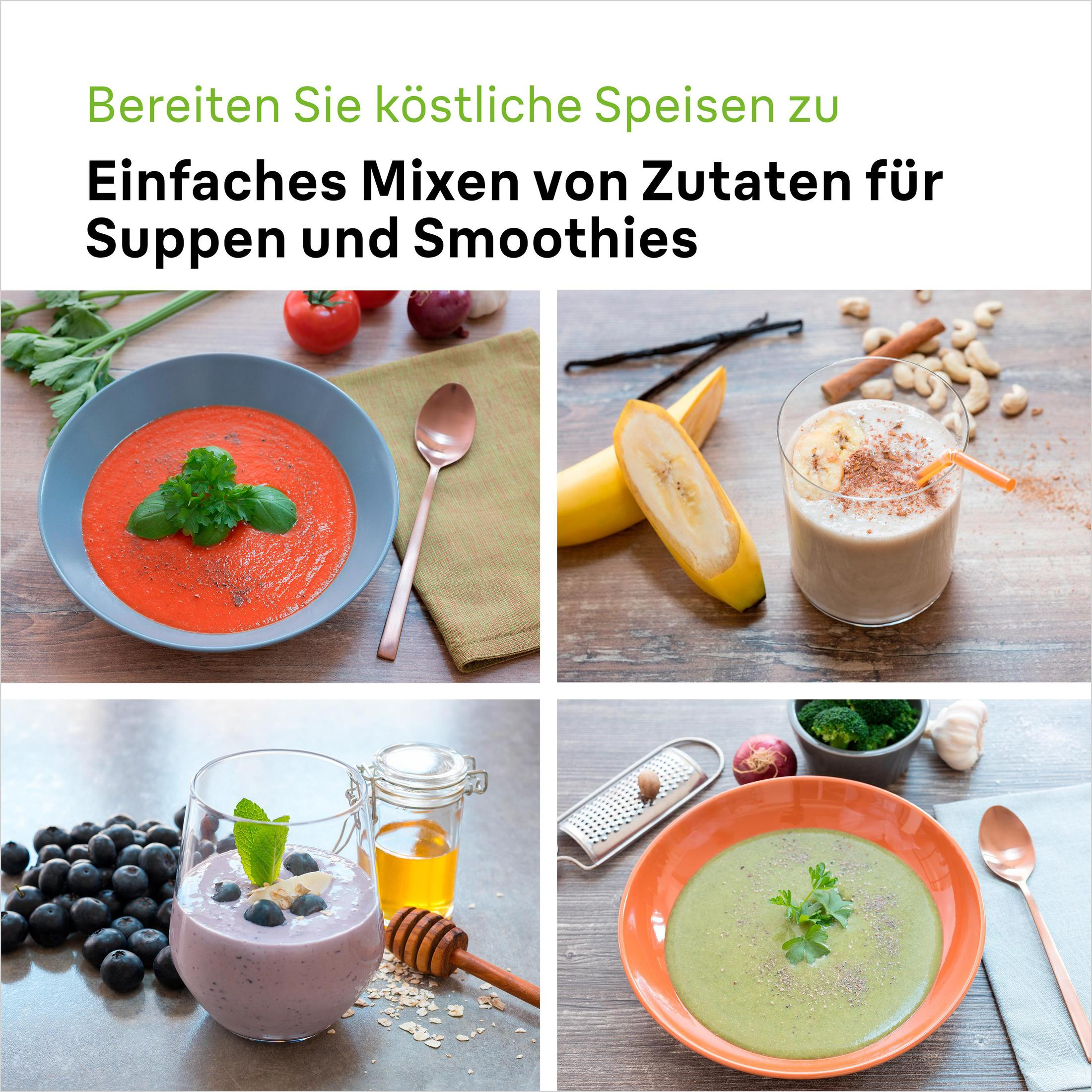 Collage von Speisen: Suppe, Smoothie und Zutaten auf einem Holztisch.