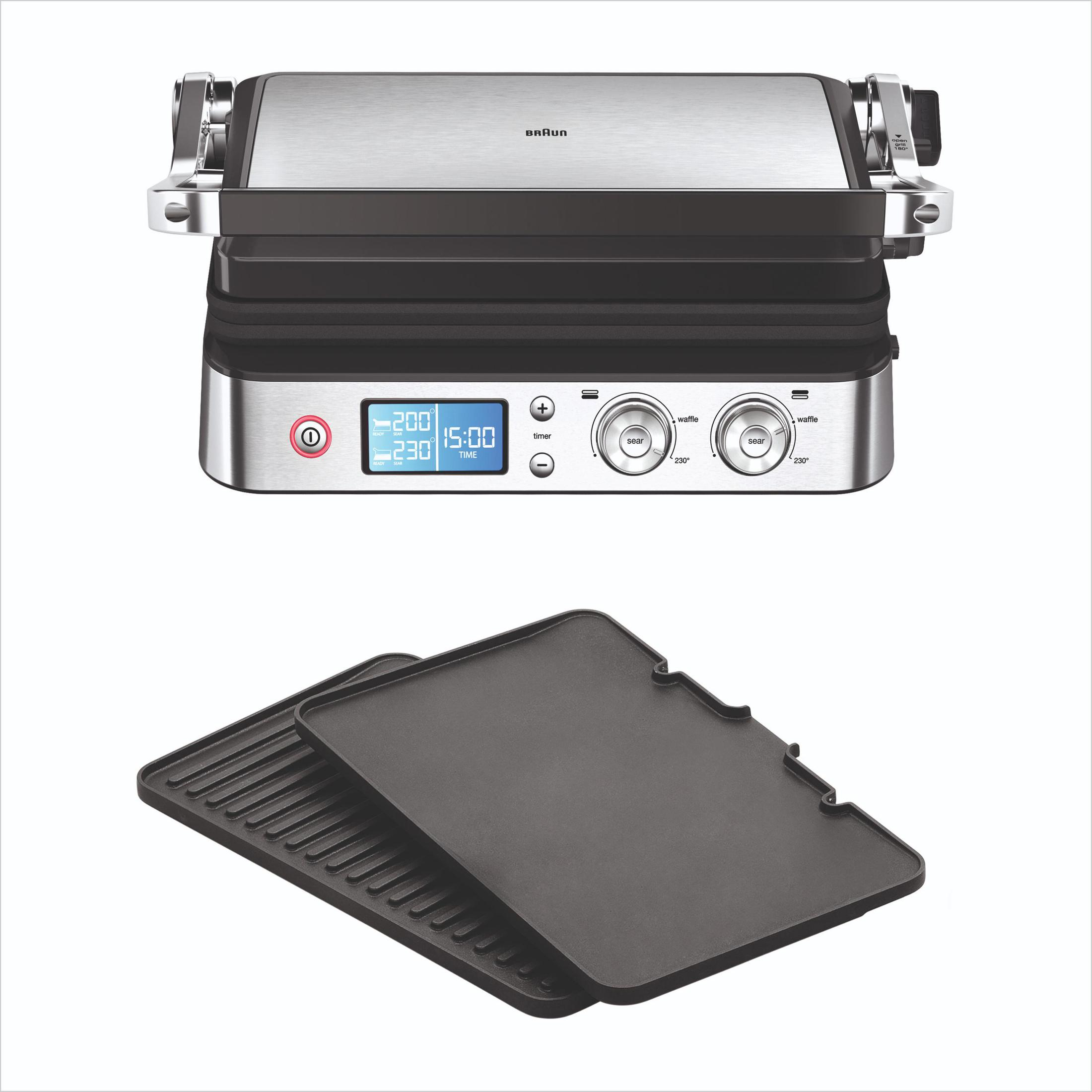 Elektrischer Braun-Grill mit zwei Platten und Digitaldisplay, auf weißem Hintergrund.