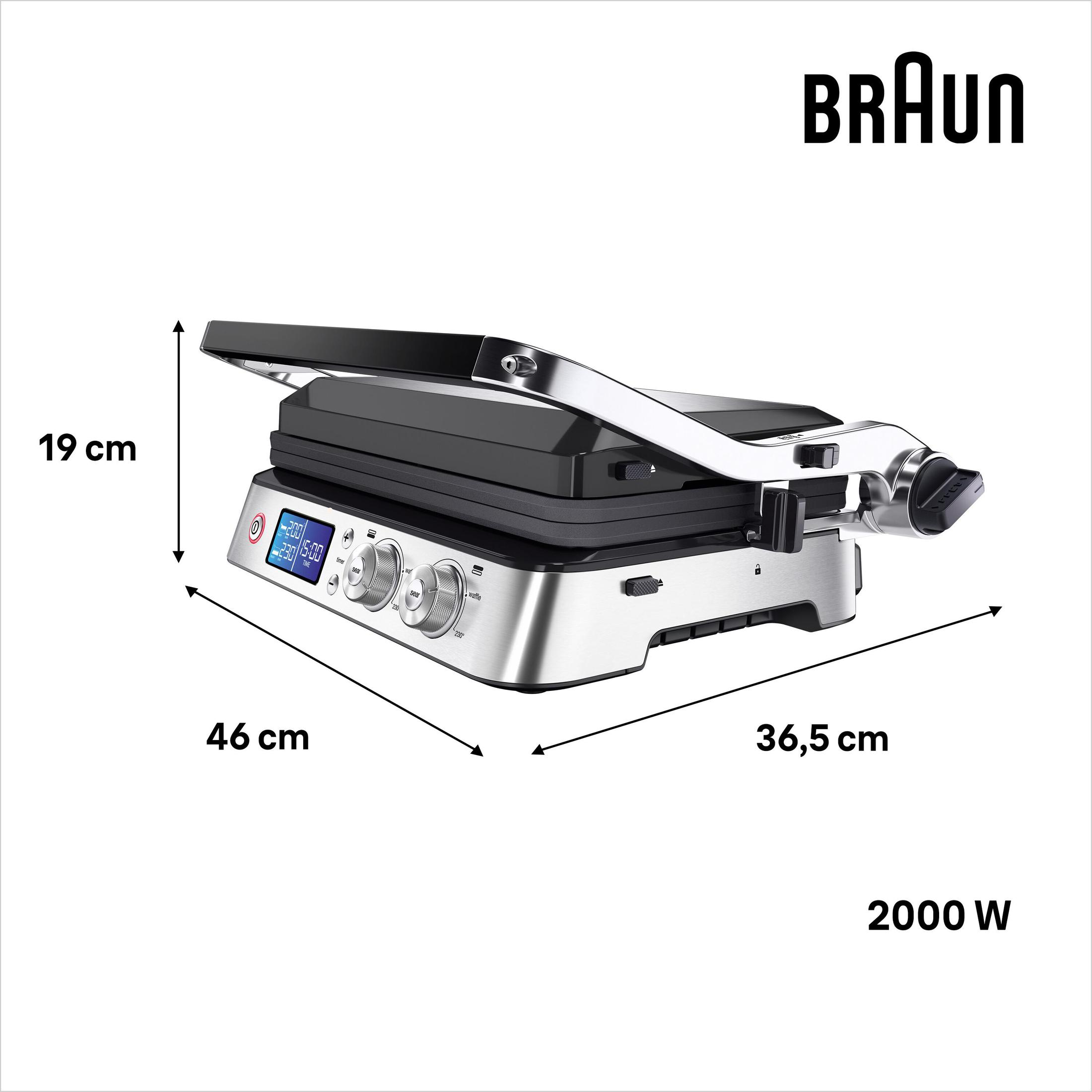 Srebrny i czarny grill Braun z wymiarami i mocą 2000W.