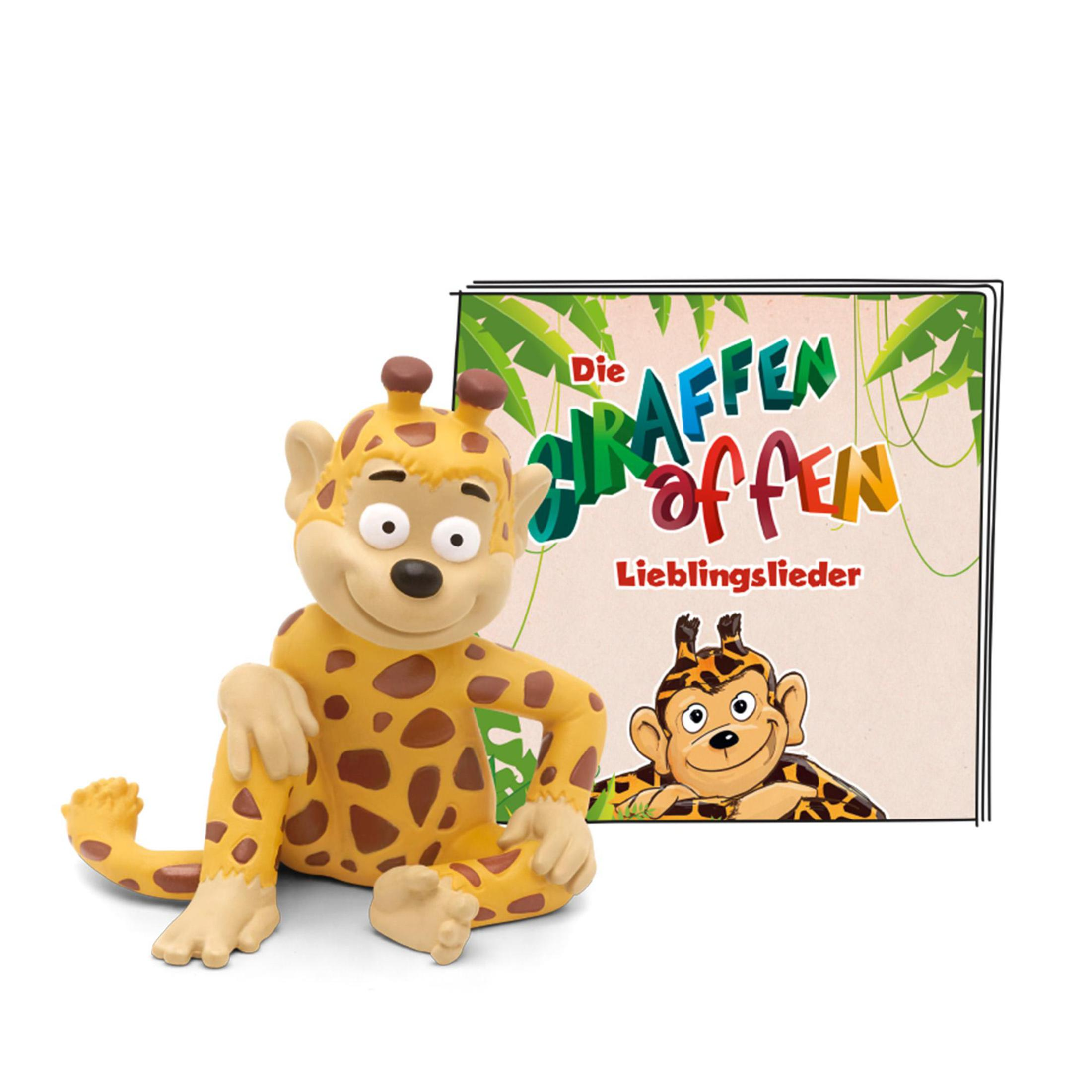Eine Giraffen-Cartoon-Figur und das Cover des Buches 'Die Giraffen Affen'.