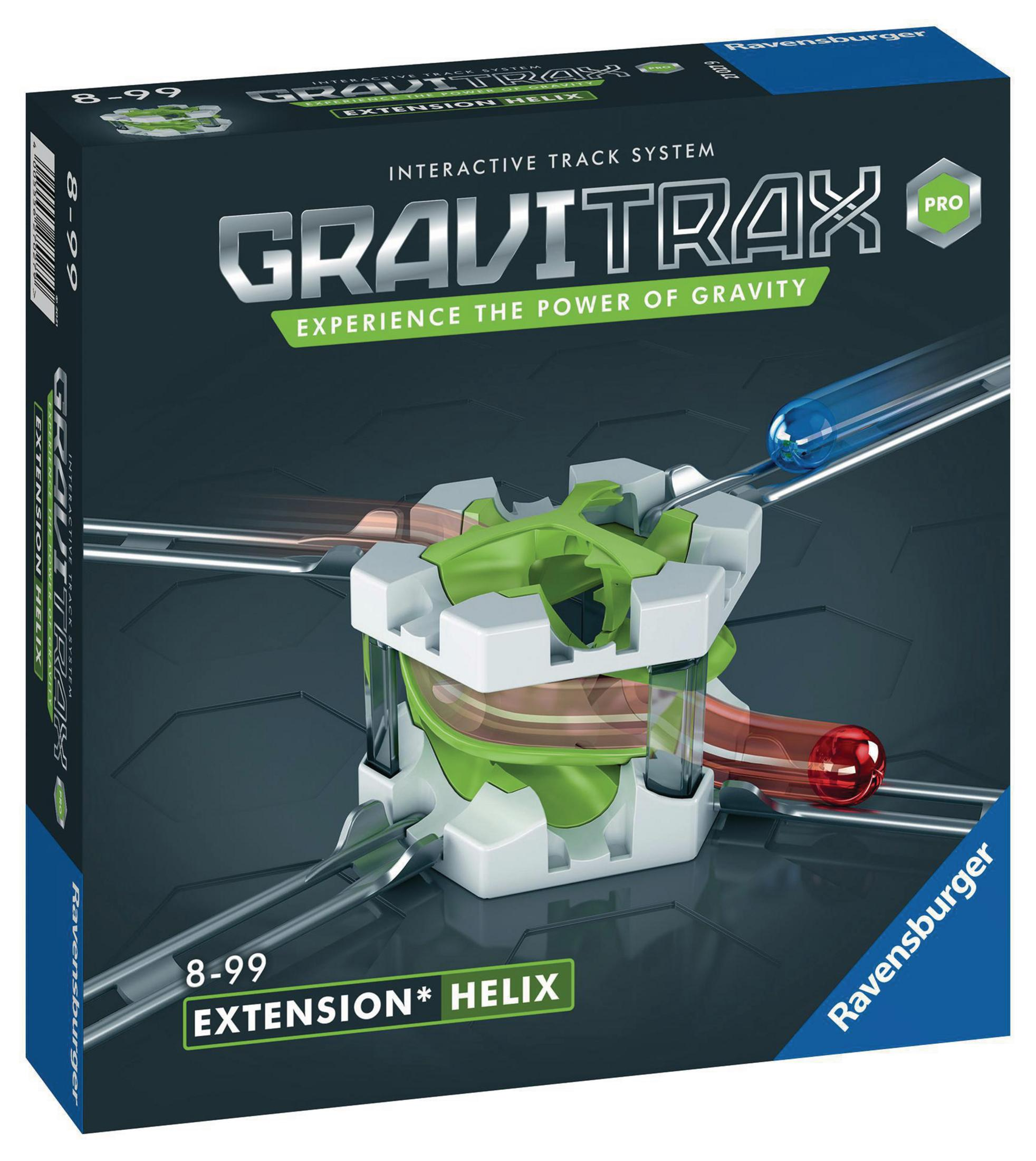Pudełko gry GraviTrax Pro. Białe, zielone i niebieskie elementy na czarnym tle.