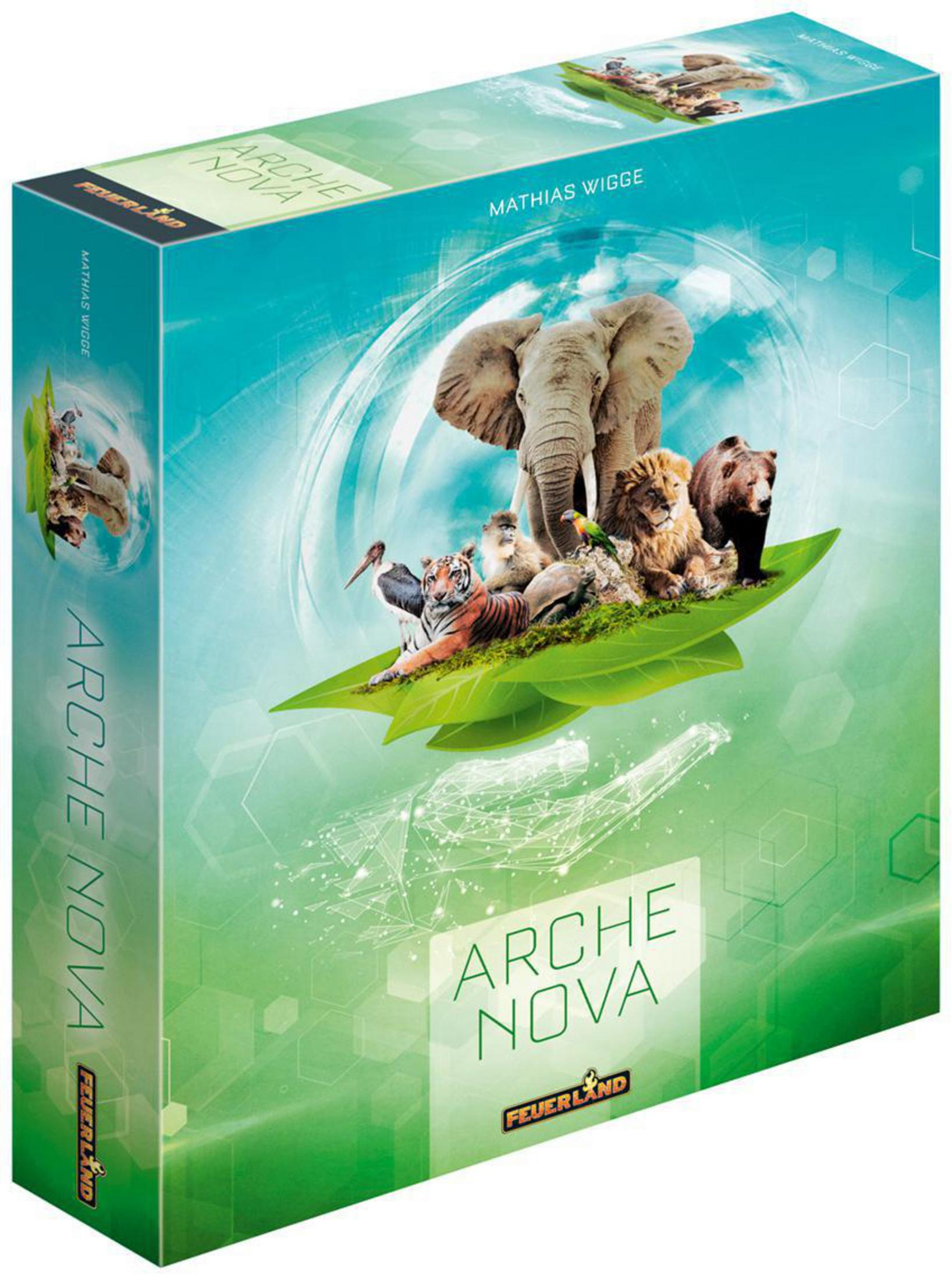 Spielbox mit Tieren, Elefant, Löwe, Tiger, Bär und Vögeln auf einem grünen Blatt.