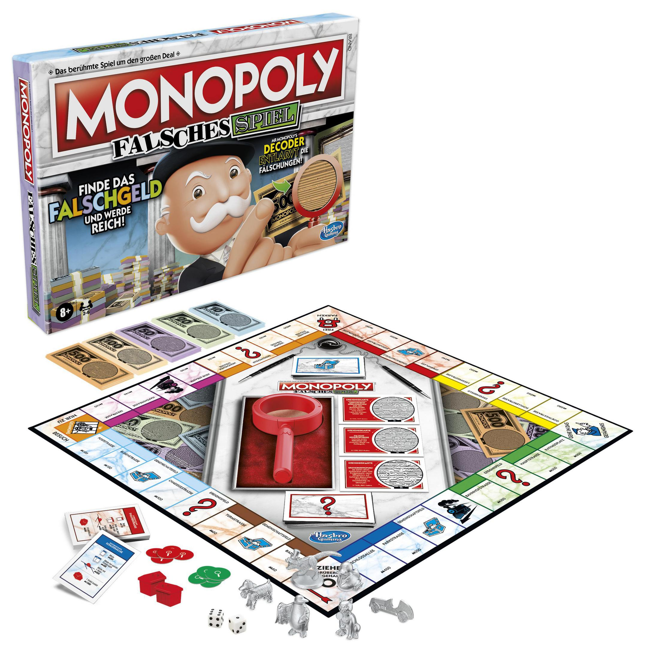 Pudełko gry planszowej Monopoly. Pokazuje elementy gry i planszę. Białe tło.