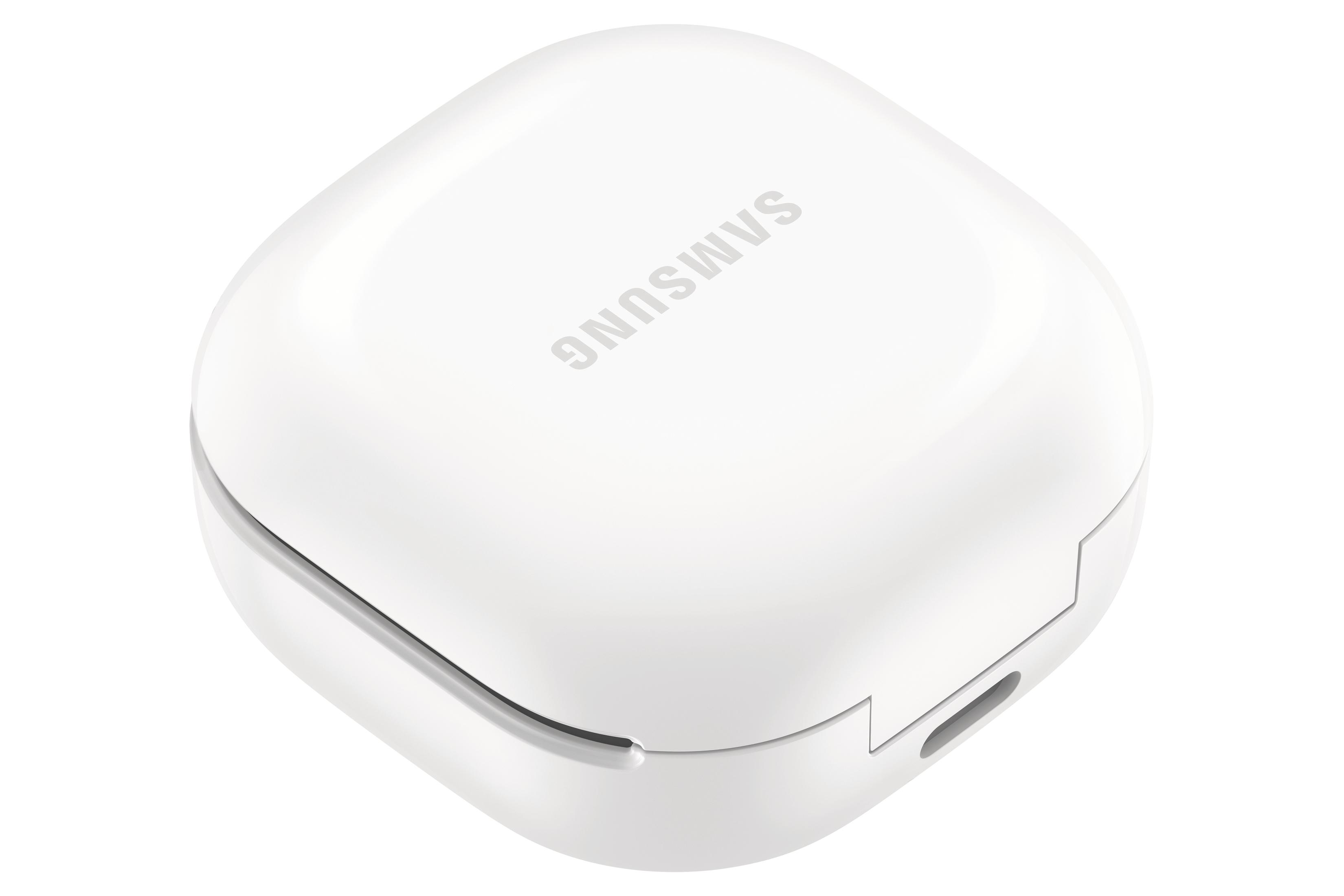 Białe, zaokrąglone etui ładujące z logo Samsung. Etui zamknięte. Port ładowania na dole.
