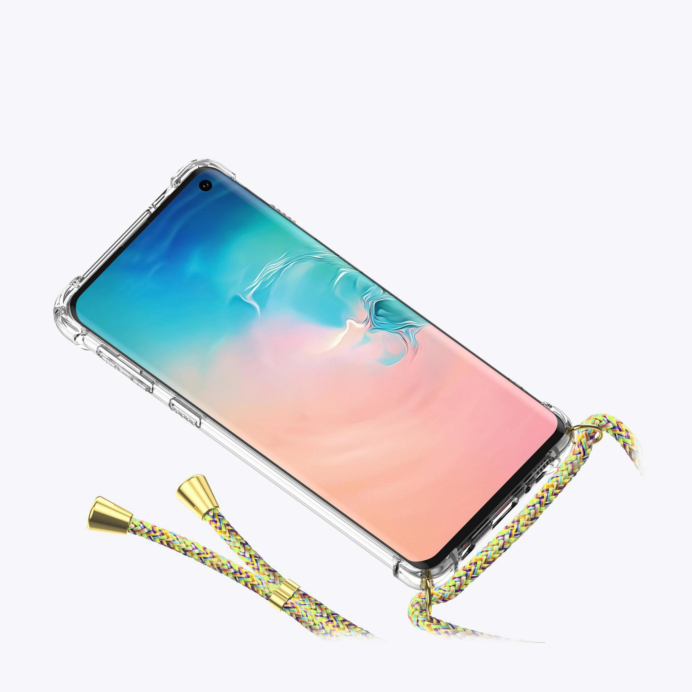 Eine transparente Handyhülle mit einem Telefon darin, mit einem bunten Band, das herunterhängt.