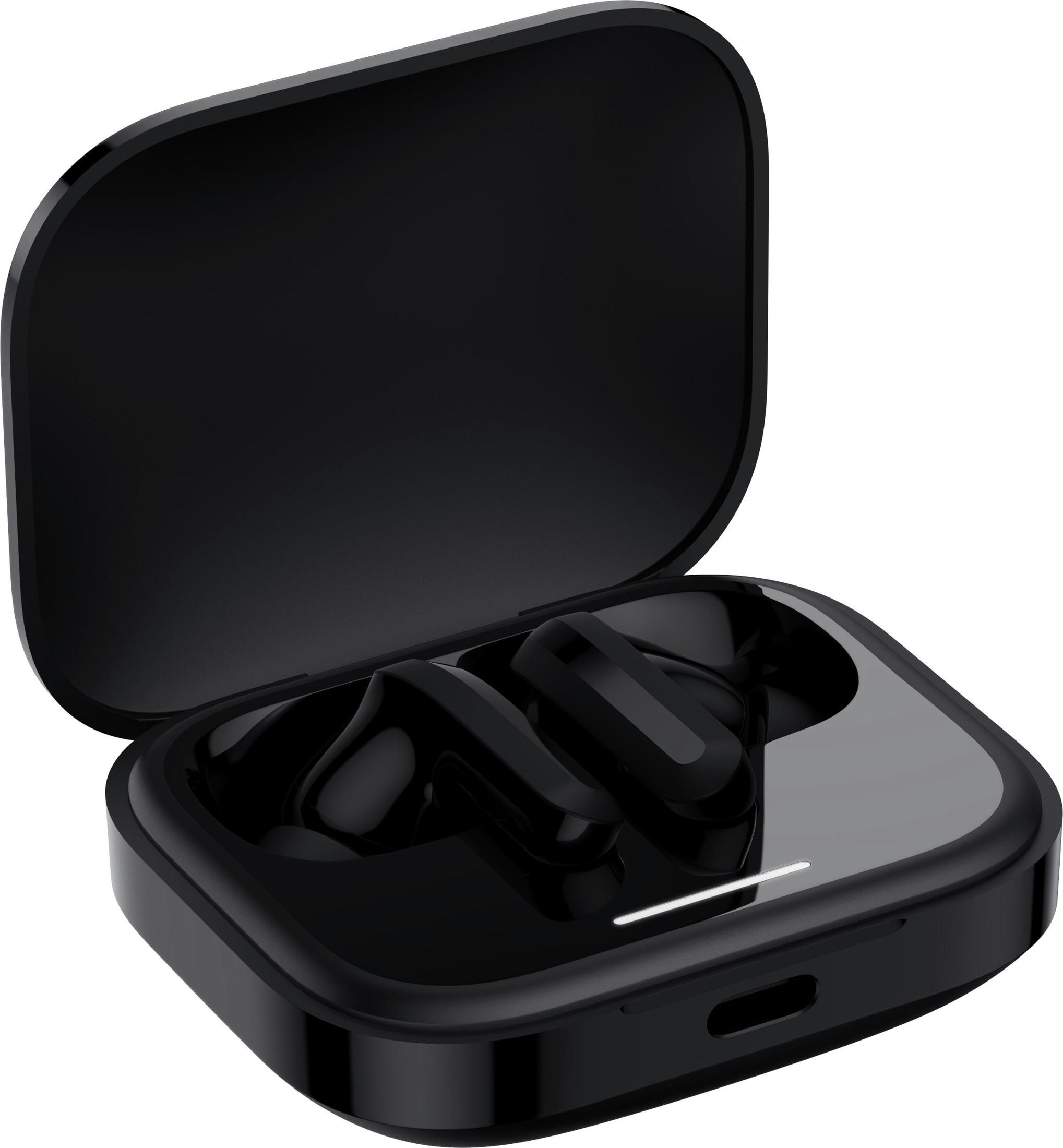 Auriculares inalámbricos negros en su estuche de carga. El estuche es negro y abierto.