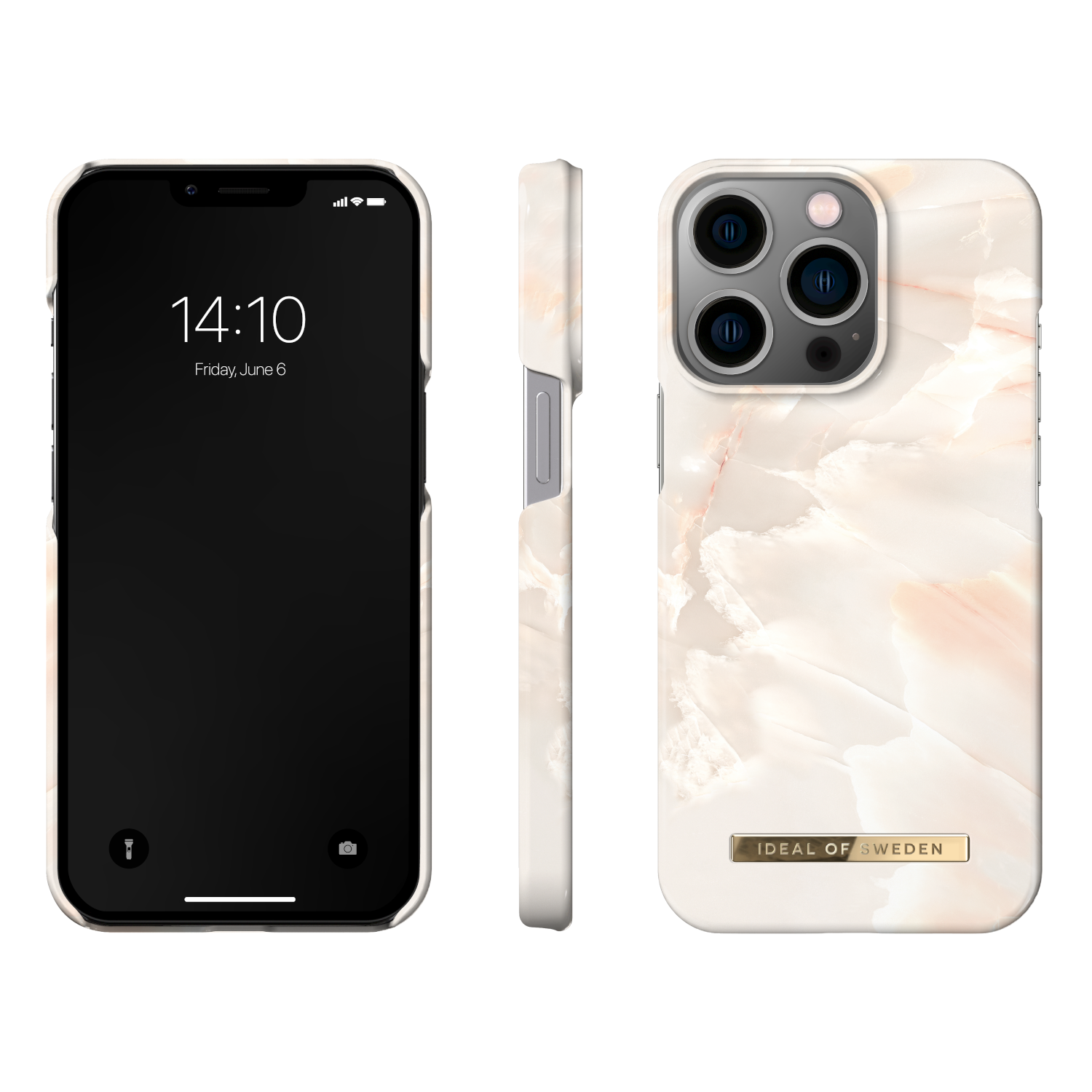 Bir telefon kılıfının üç görünümü. Telefon ekranı, yan ve arka tarafı. Mermer benzeri desen.