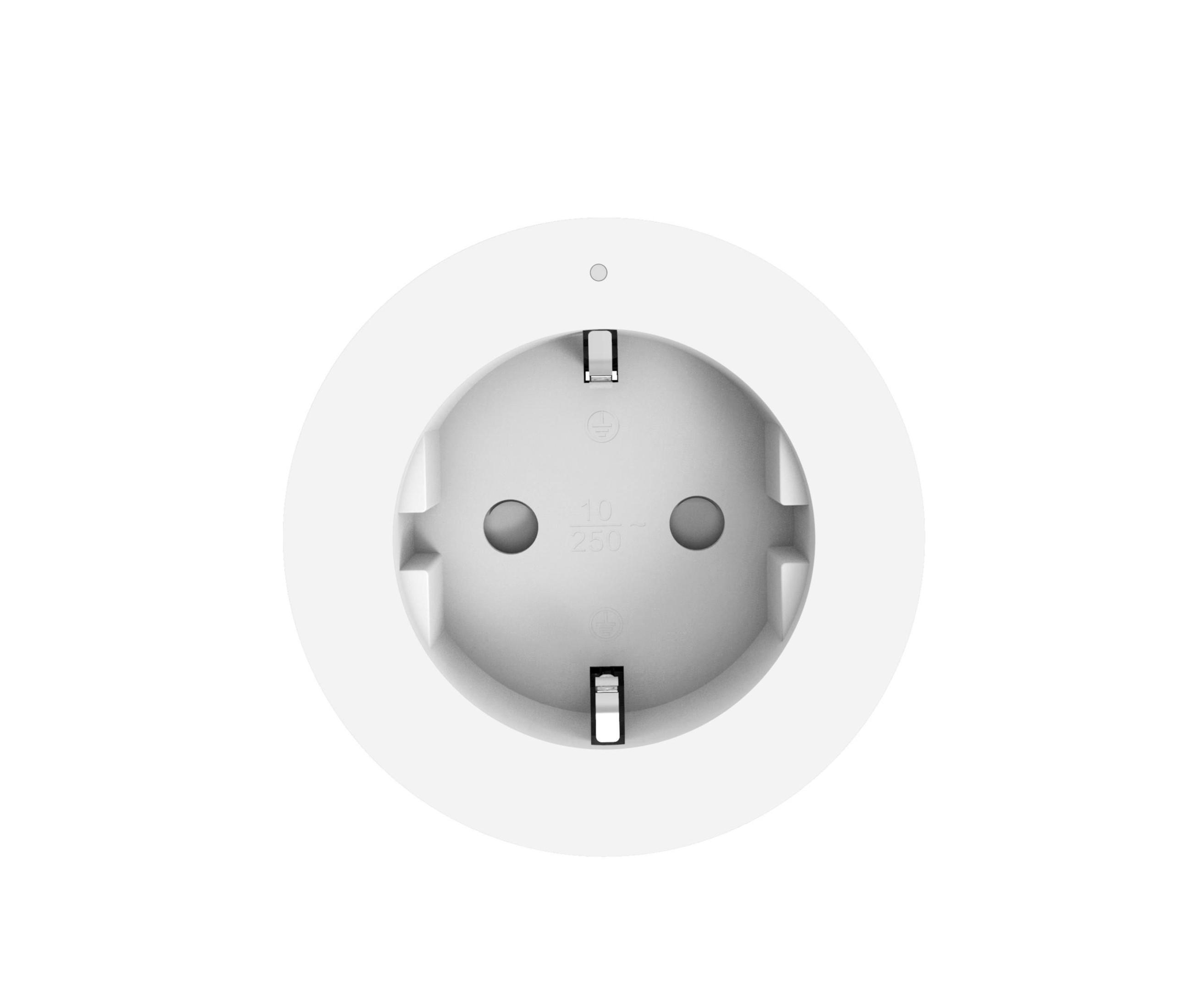 Weißer runder Smart-Stecker mit zwei Löchern und zwei Schlitzen. Der Stecker erscheint isoliert.