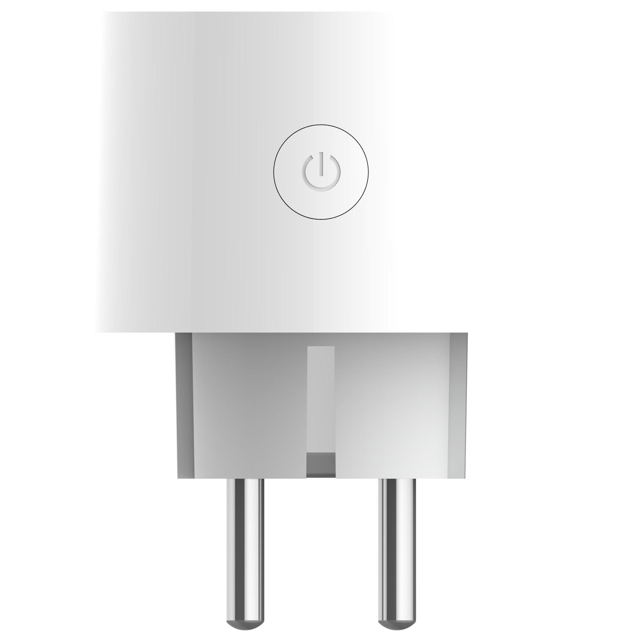 Ein weißer Netzstecker mit zwei Stiften, der Ein-/Aus-Knopf ist sichtbar, isoliert auf Weiß.