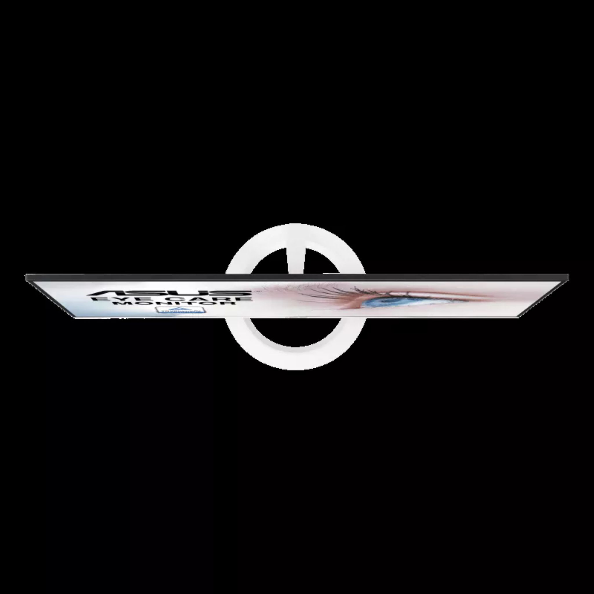 Monitor Asus z góry, biała podstawa i czarny ekran.