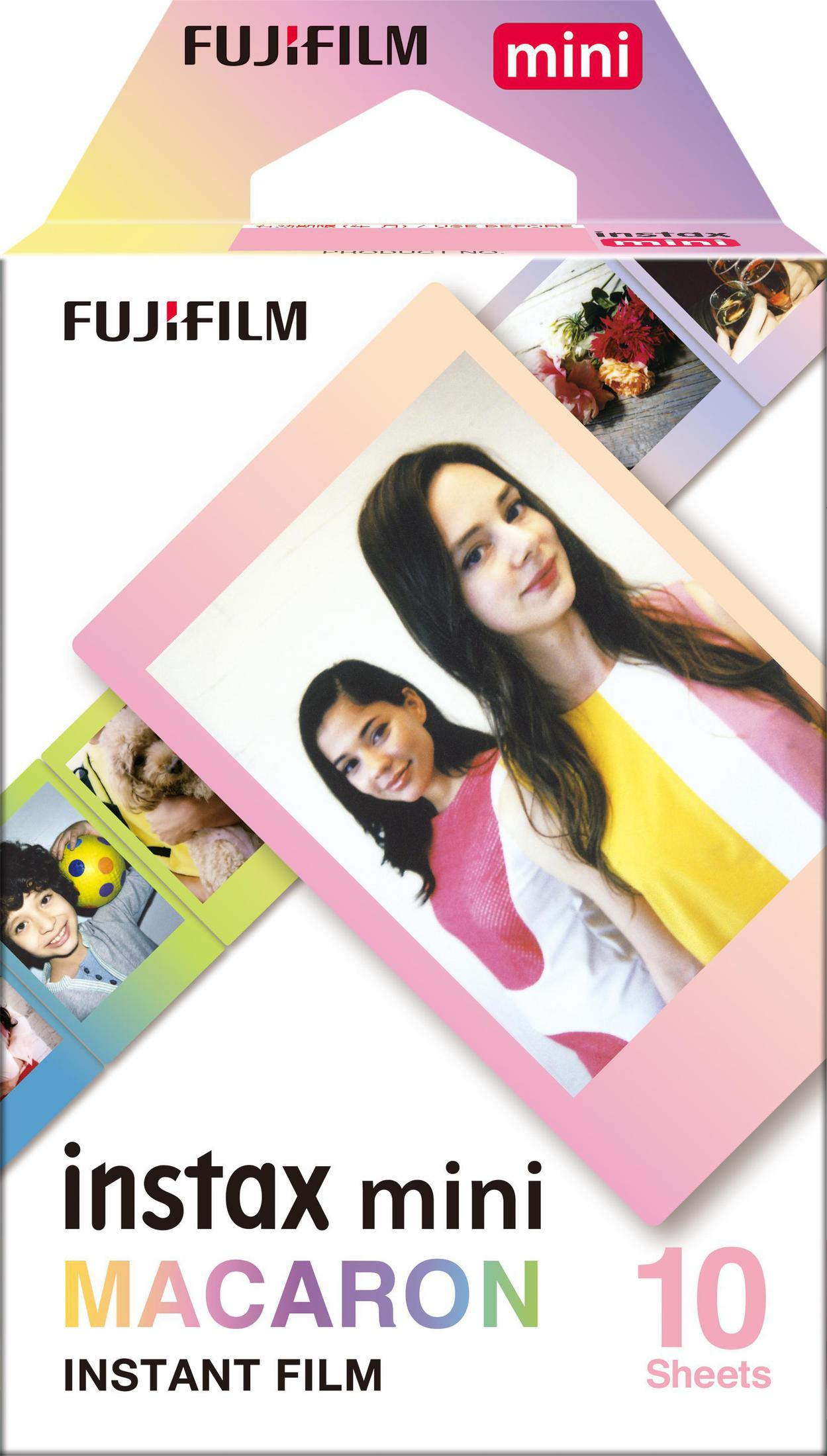 Una caja de película Fujifilm Instax Mini Macaron con fotos de personas y objetos, diseño colorido.