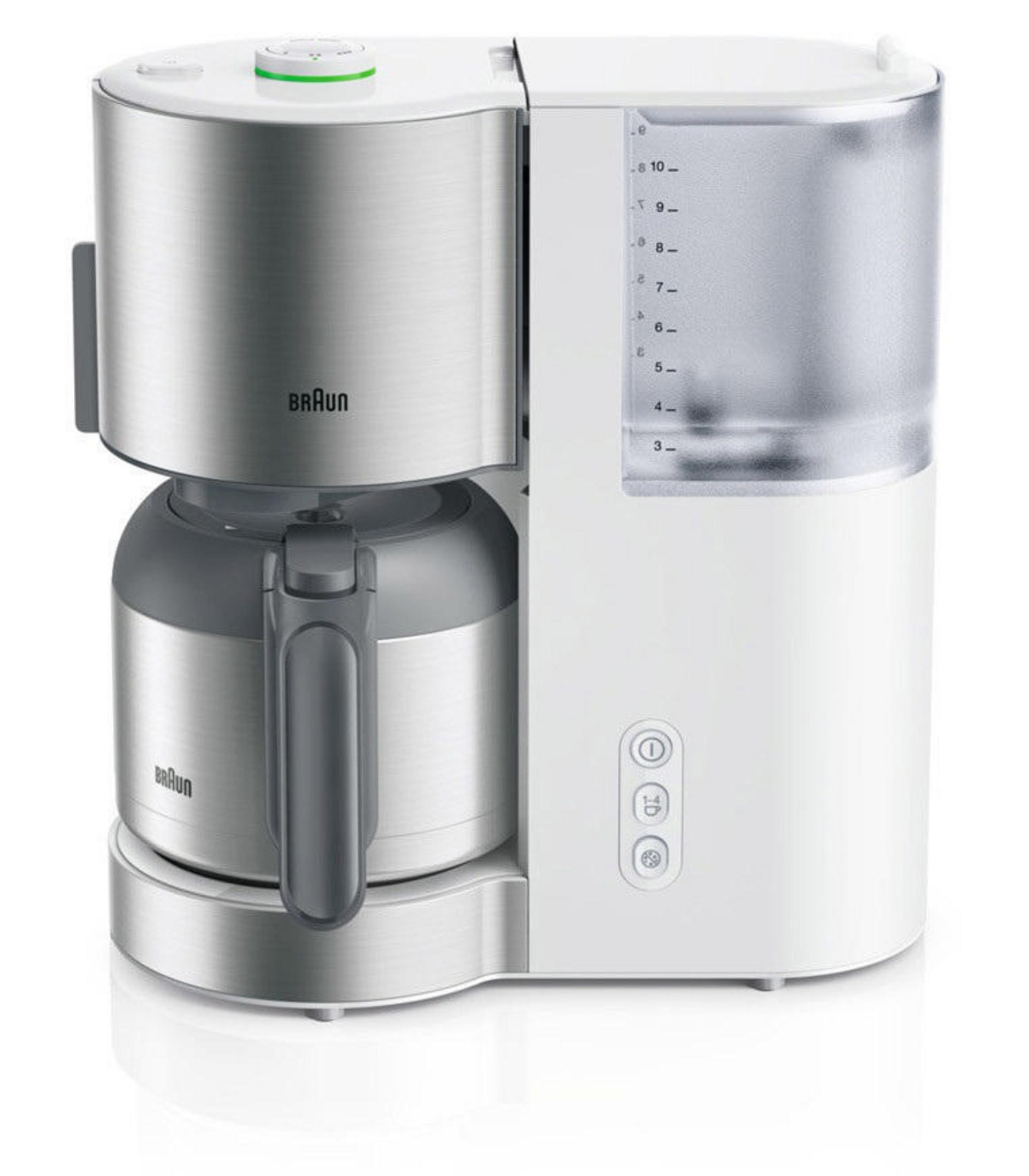 Biało-srebrny ekspres do kawy Braun ze szklaną karafką, częściowo otwarty.